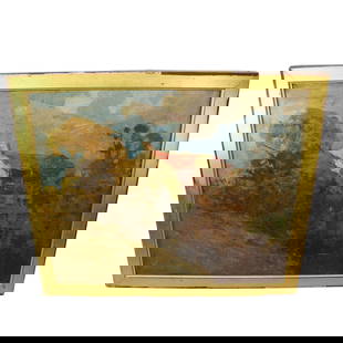Early Australian Oil Painting on Canvas of a typical Victorian Terrace House atop an incline: c.1900. Very well executed but Artist unknown Size 34x29cms with gilded surround Condition Surface heavily cracked but no losses Medium Painting Exhibited Oil