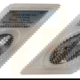 Cook Islands 2022 'Mummy X-Ray' Coloured Proof Ultra High-relief Silver (999) $5, PCGS PR70 DCam: Mintage 999 Size ASW Troy oz Medium Coins, Monies & Stamps Exhibited Coins, World