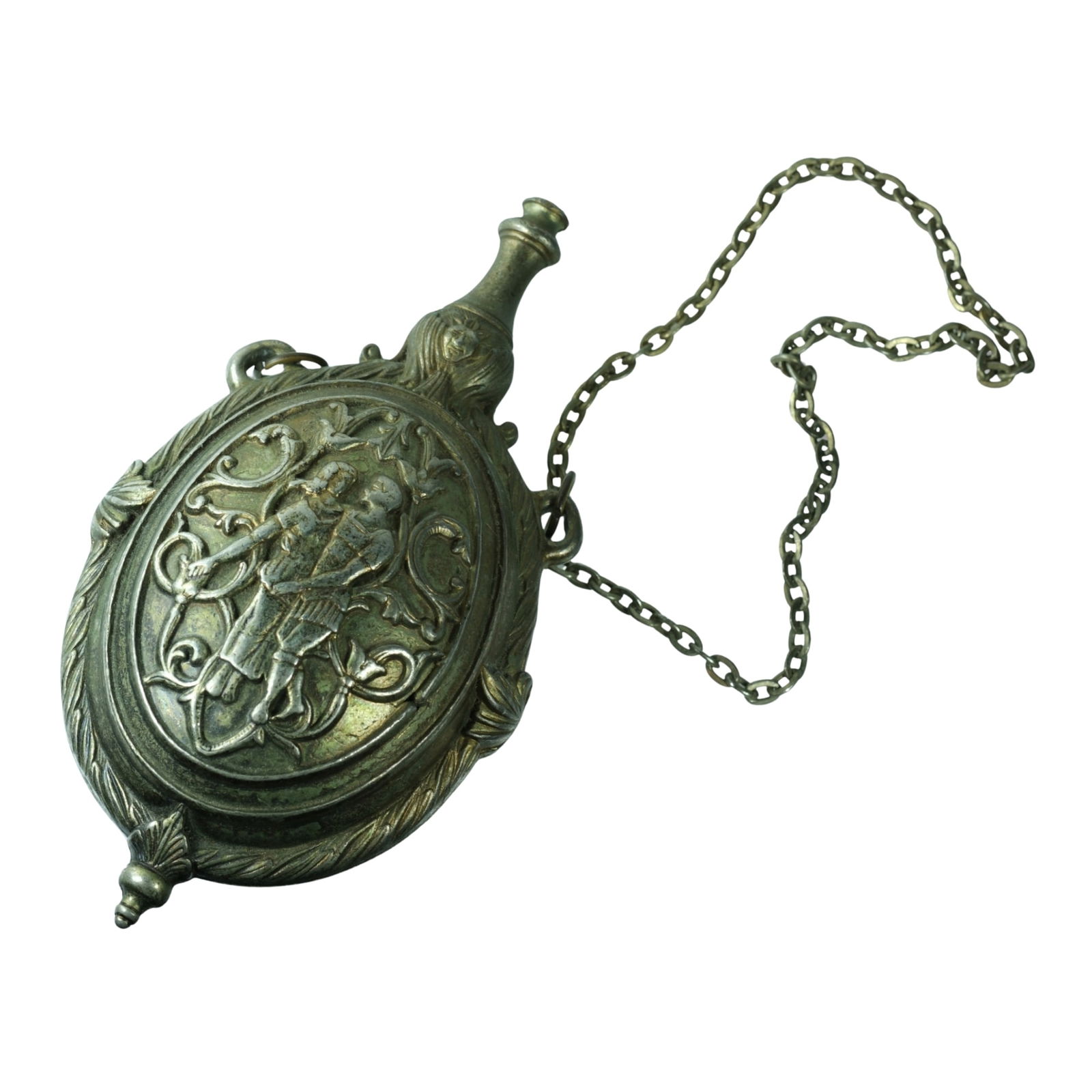 Replica Brass Flintlock Gunpowder Flask: . Size Length 17cms Medium General