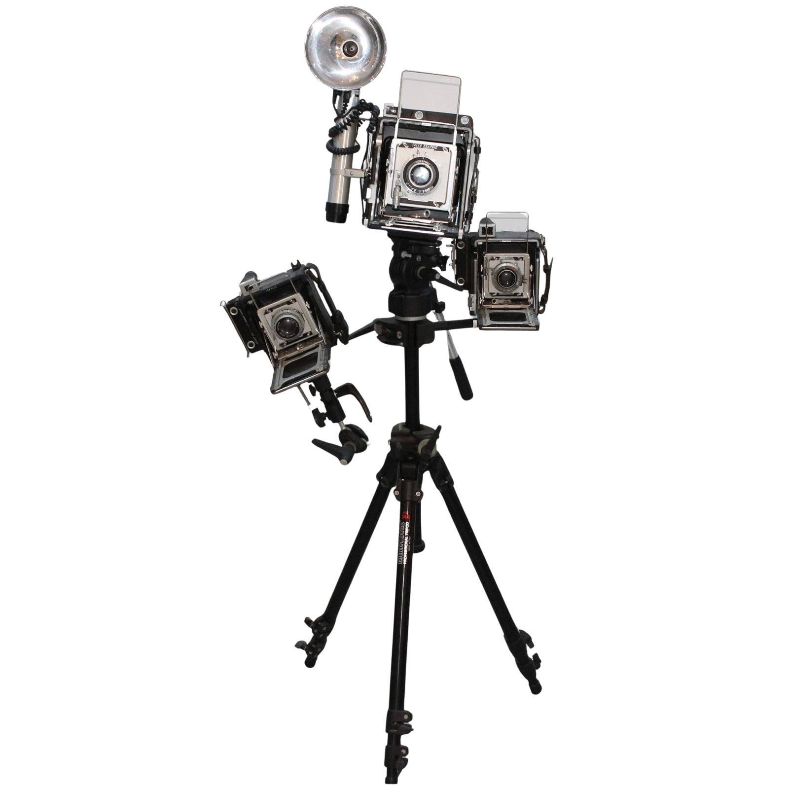 Tripod with three vintage 'Graflex' Cameras attached: Speed Graphic, Crown Graphic & Century Graphic' Size Will incur Courier Fees Condition Appears complete but working order not determined Medium Electronics Exhibited Cameras, Vint