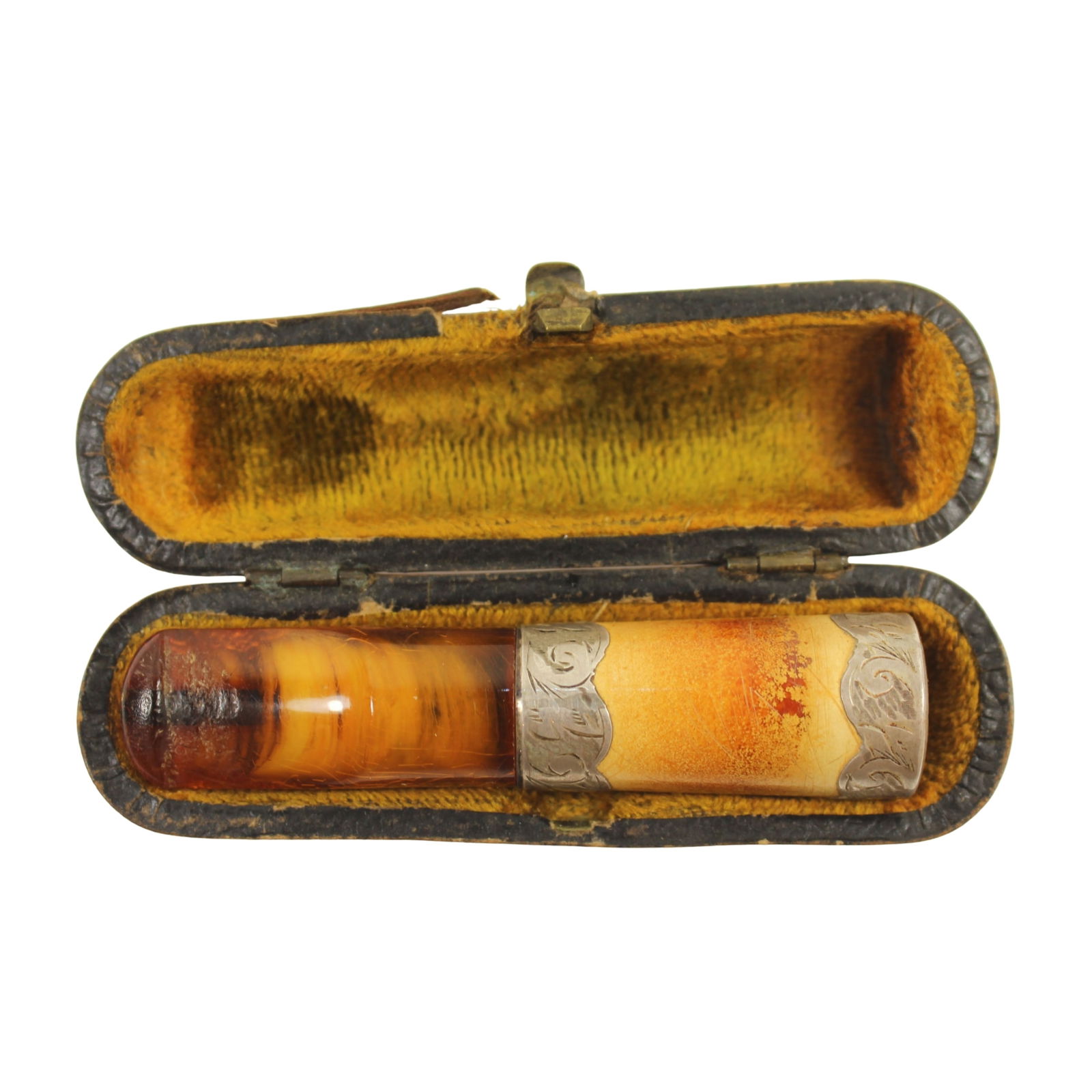 Vintage Amber and Silver Cheroot Holder: Original Leather Case Size Length 8cm Medium Decor & Accessories Exhibited Trinket Boxes