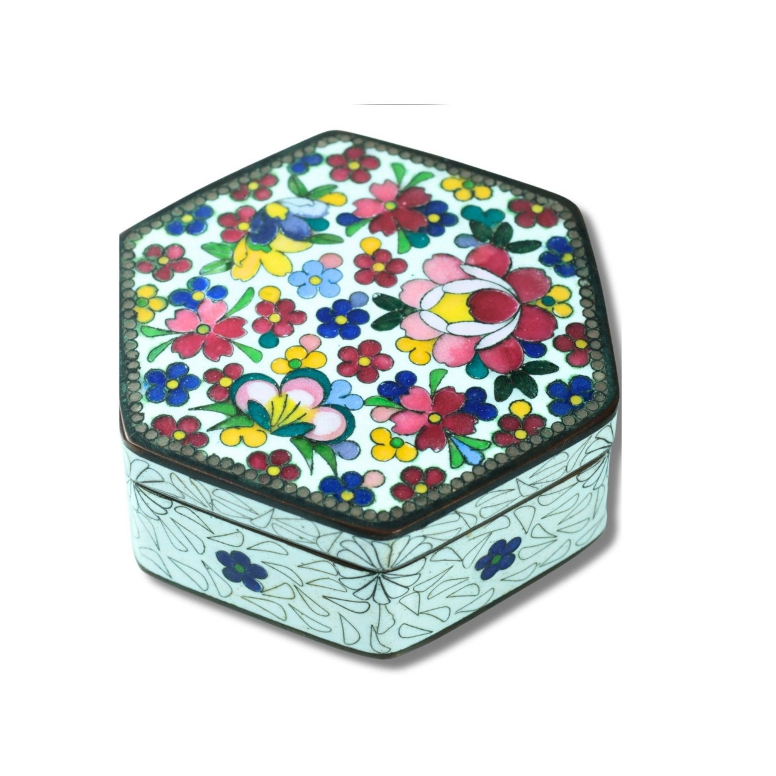 Hexagon Lidded Cloisonne Box with Enamelled Floral Design (1 of 3)