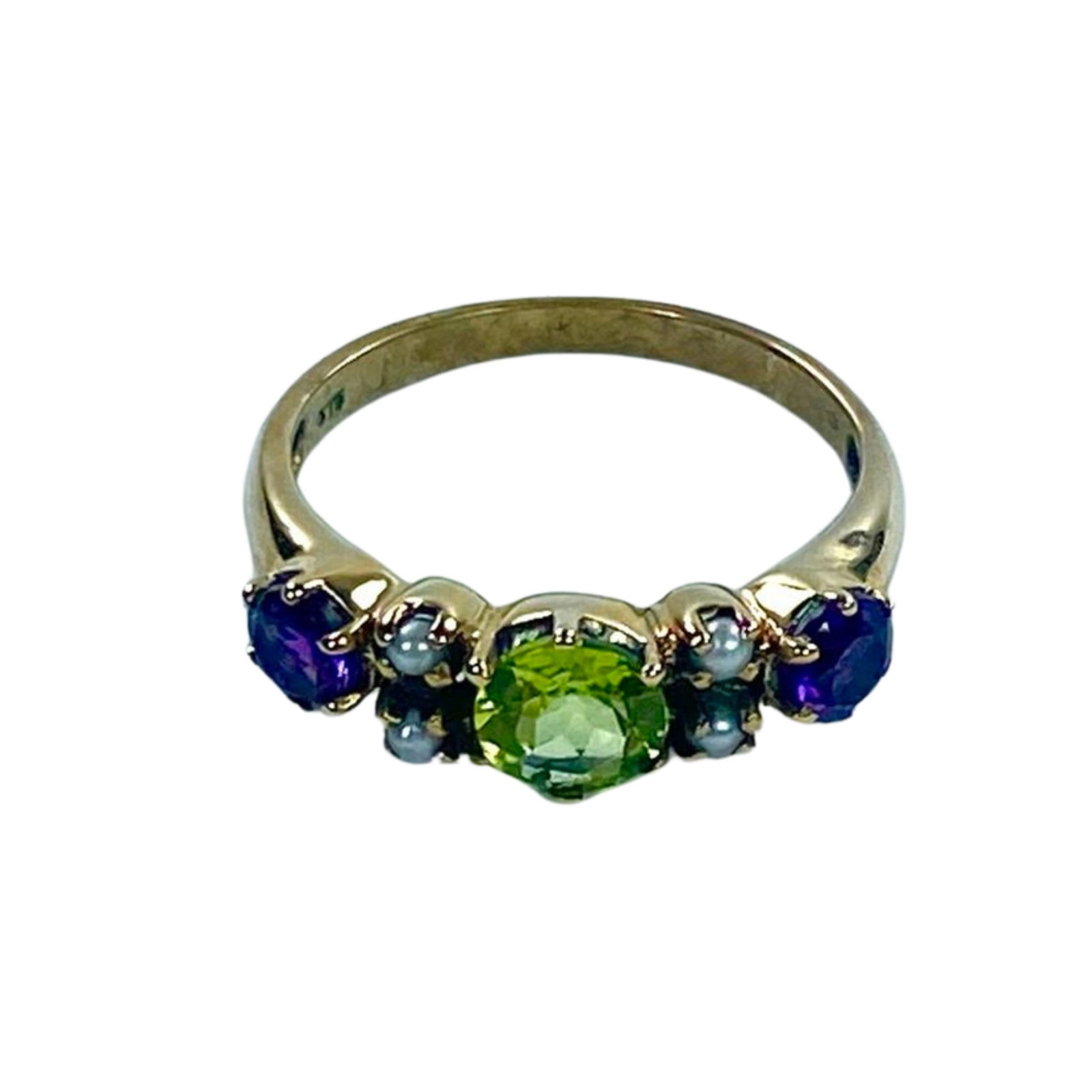 9ct Yellow Gold Suffragette Style Peridot, Amethyst & Seed Pearl Ring (1 of 5)