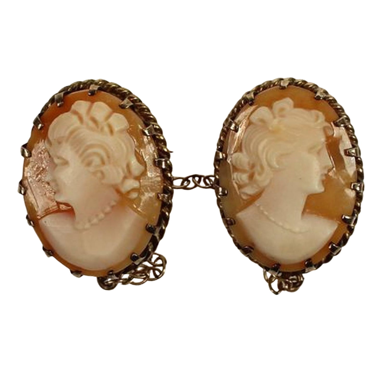 Vintage Cloak Fastener with two opposing Shell Cameos in Gold-plate Mounts attached by a Chain: Exquisitely carved Size Each panel 2.5x1.5cms Medium Pins & Brooches