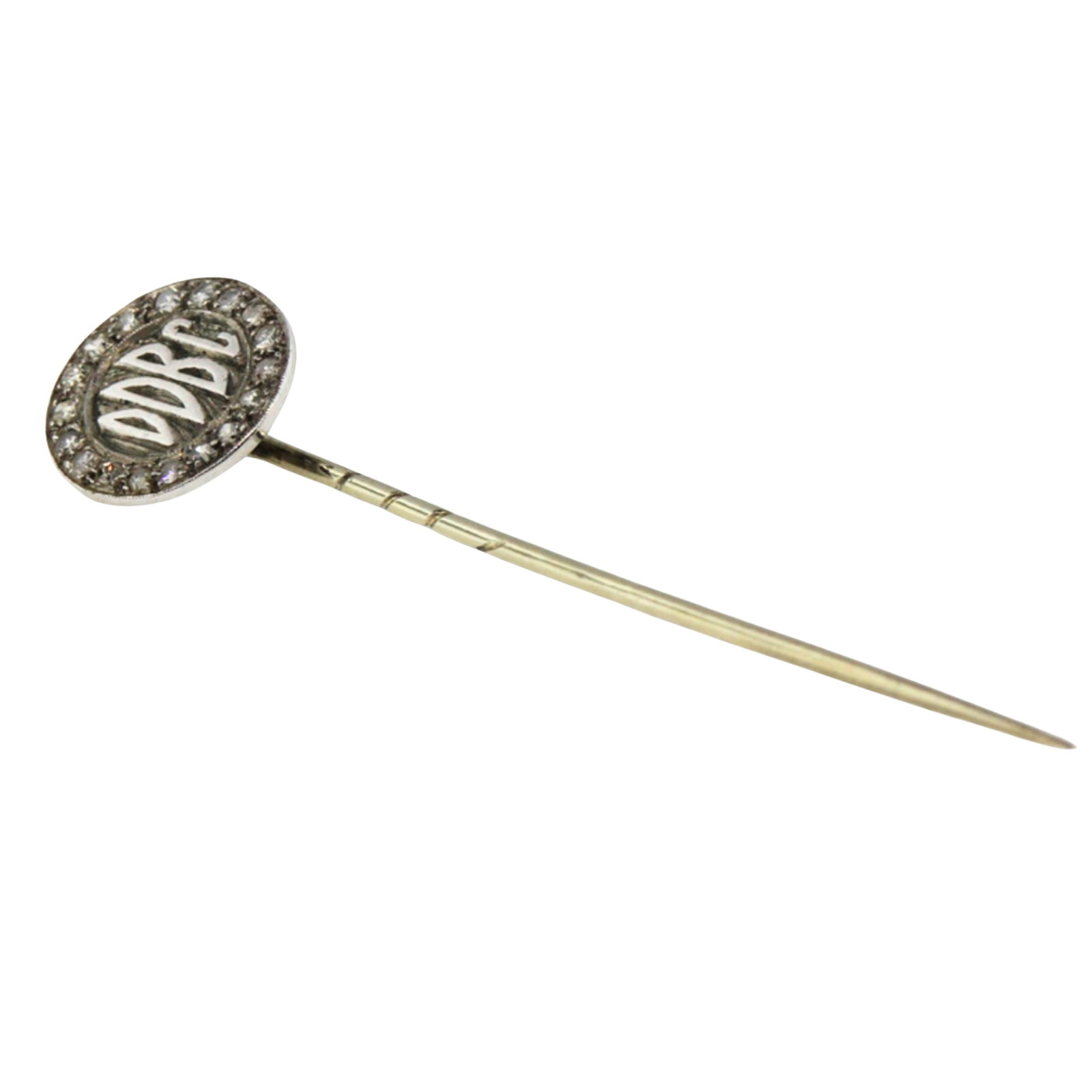 Platinum Stick Pin with Old Cut Diamonds with original box: Custom initials 'DDBC'. Backing pin tests 18ct Gold Size Total weight 2.44gms : Length 5.7cm Medium Pins & Brooches