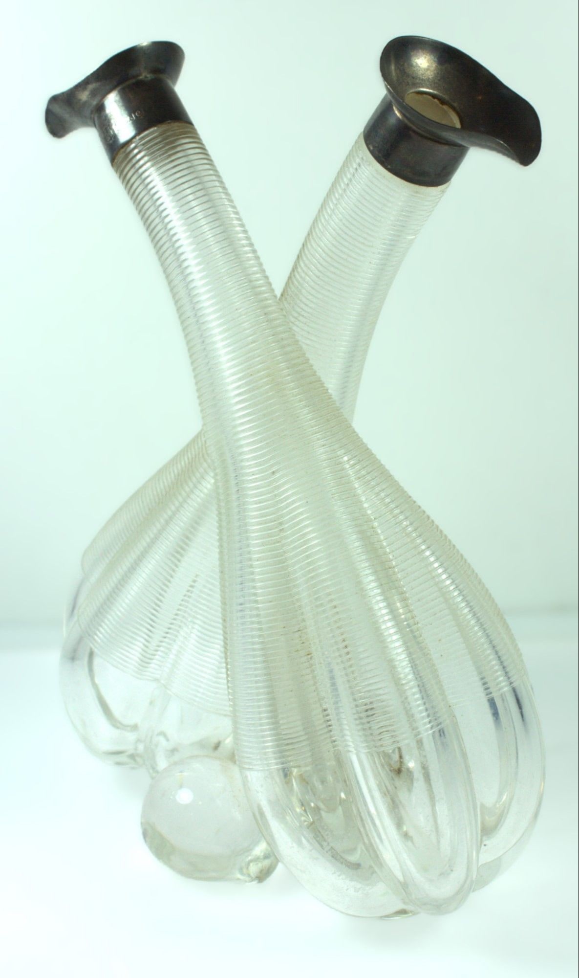 Antique Dual-fluted Glass Oil & Vinegar Pouring Vessel with Sterling (925) Silver Tops: Very Useful Size Stands 16cms Medium Silver & Vertu Exhibited Bottles, Decanters & Flasks