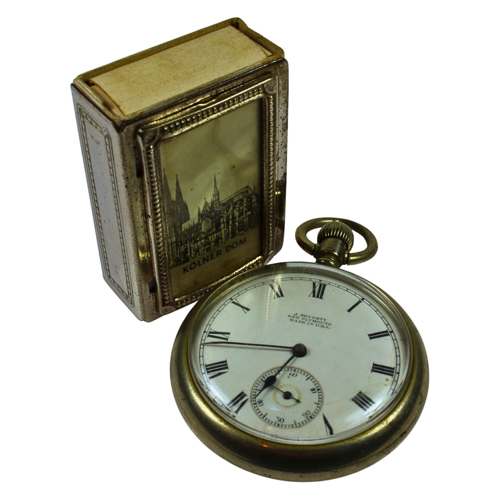 Antique Pocket Watch & Souvenir Matchbox Holder (2 items): Both Base Metal Size . Condition Watch not working Medium Watches