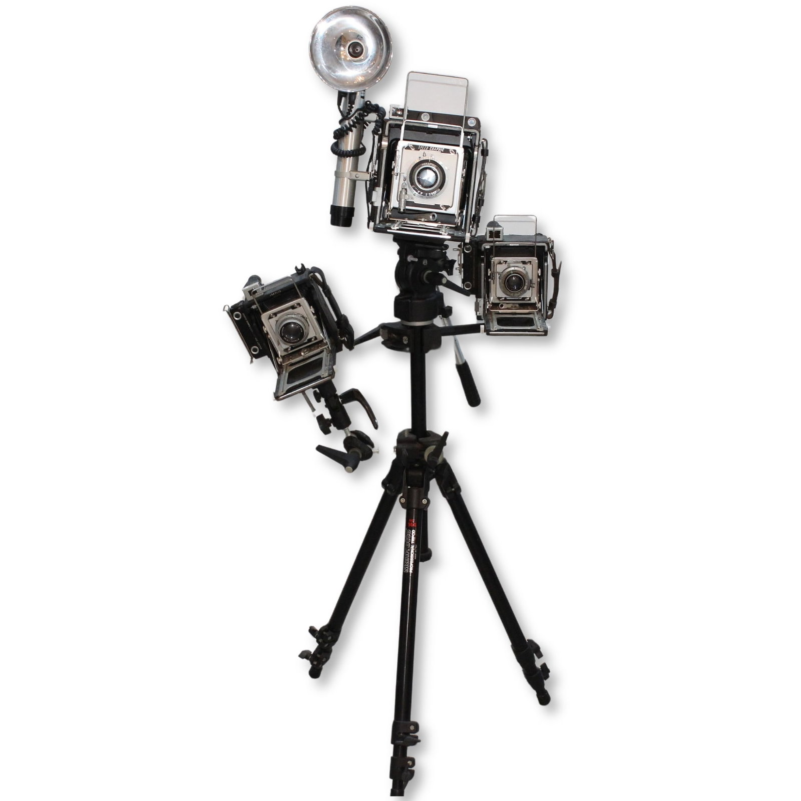 Tripod with three vintage 'Graflex' Cameras attached: 'Speed Graphic, Crown Graphic & Century Graphic' Condition Appears complete but working order not determined Medium Electronics Exhibited Cameras, Vintage