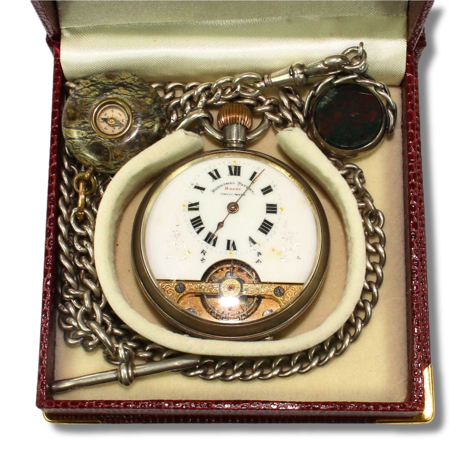 'Hebdomas' Sterling (925) Silver Open-face Pocket Watch with Sterling (925) Silver Watch Chain (1 of 4)