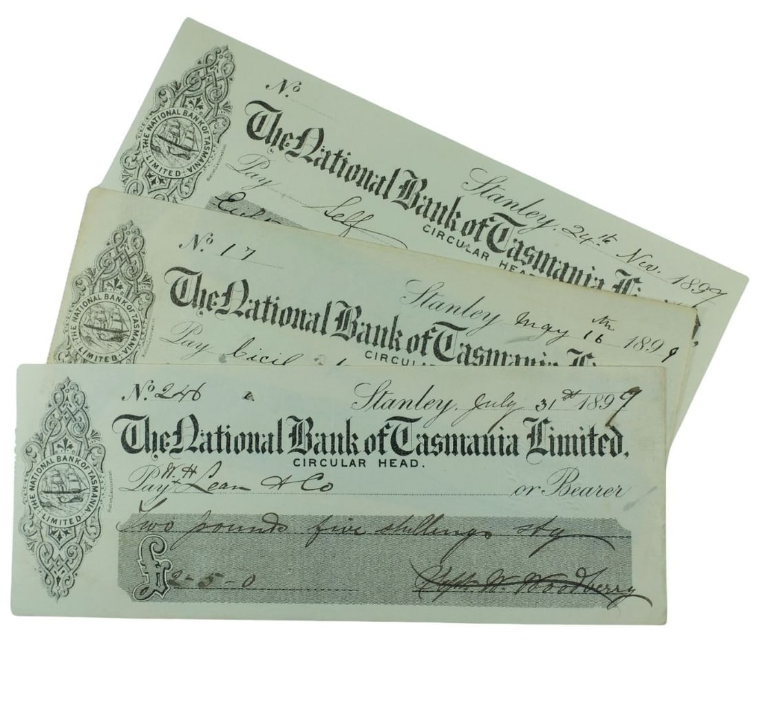 Australia 19th Century 'National Bank of Tasmania Limited' Cheques, Very Fine (3): Drawn on Stanley/Circular Head branch May 16, July 31st & 24th Nov 1899 Medium Coins, Monies & Stamps Exhibited Paper Money, Australia & New Zealand