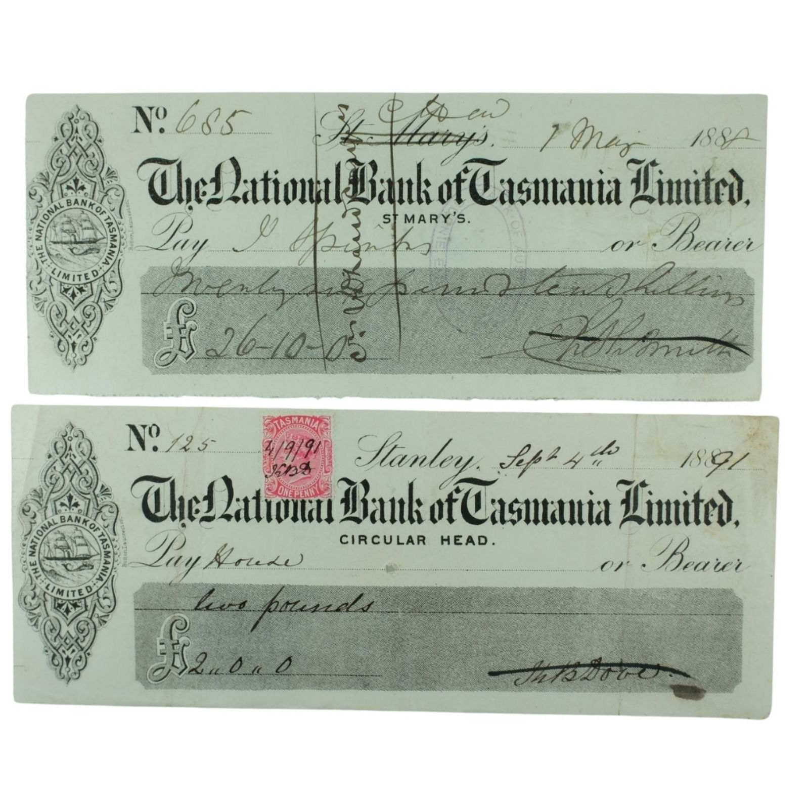 Australia 19th Century 'National Bank of Tasmania Limited' Cheques, Very Fine (2): Drawn on 'St Mary's' branch 1 May 1882' & 'Stanley/Circular Head' Sep 4th 1891 Medium Coins, Monies & Stamps Exhibited Paper Money, Australia & New Zealand