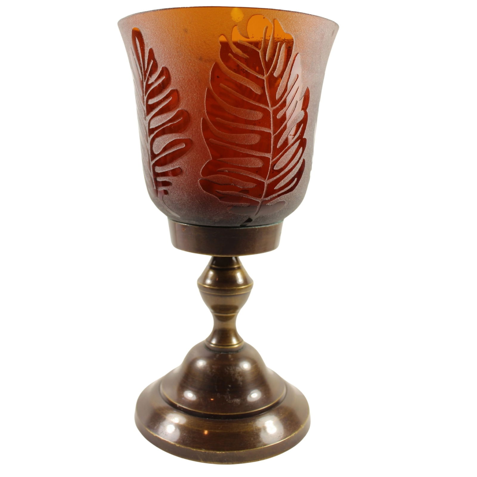 Orange-tinted Engraved Glass Goblet on Brass Foot: . Size Stands 20cm Condition Small chip to rim Medium Decor & Accessories Exhibited Trinket Boxes
