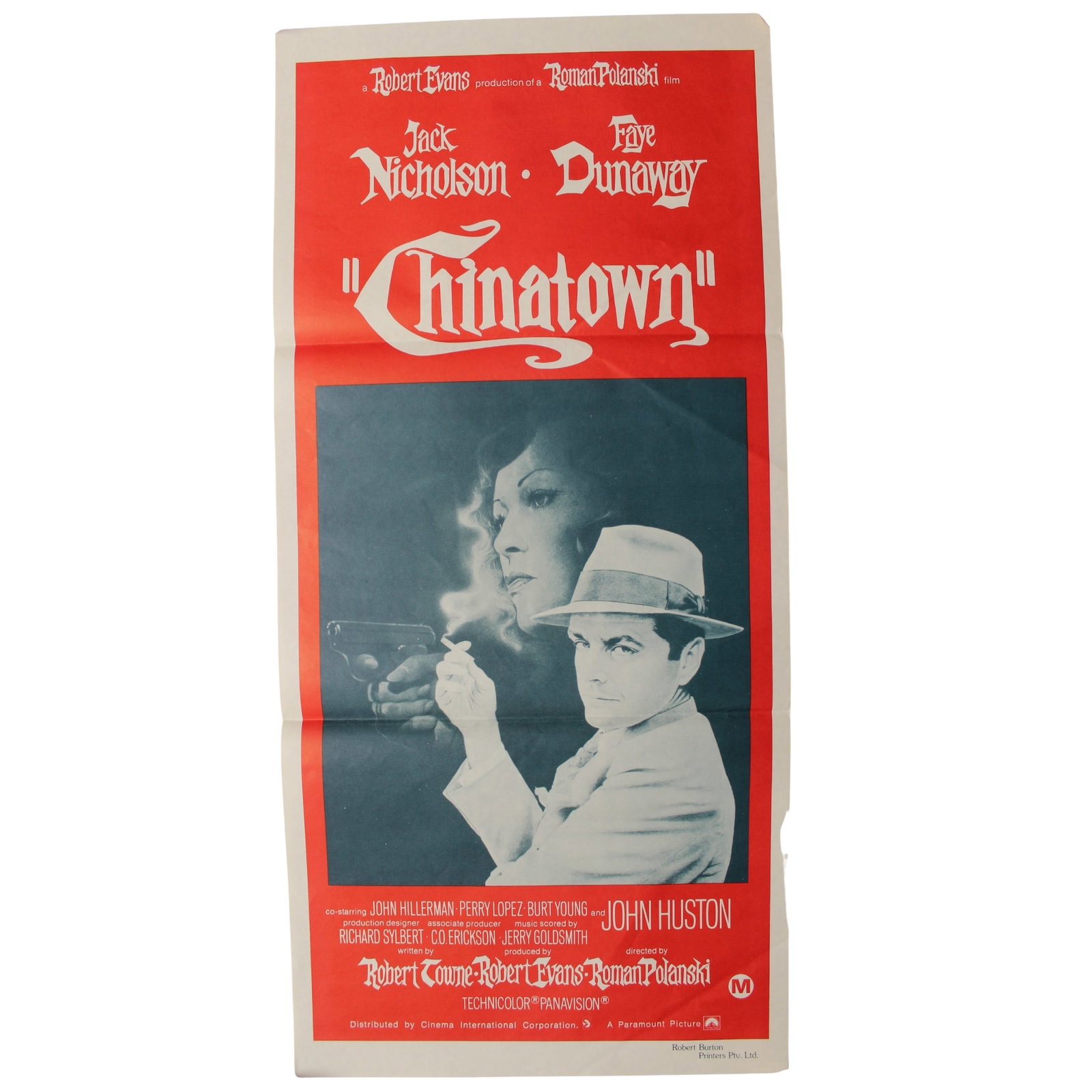 Chinatown (Paramount © 1974), Extremely Fine: Australian Day Bill. Robert Burton Printers Pty Ltd Size 33 X 76.2 cm Condition Bi Folds, Corners and sides in fine condition. Medium Memorabilia Exhibited Movies, Posters