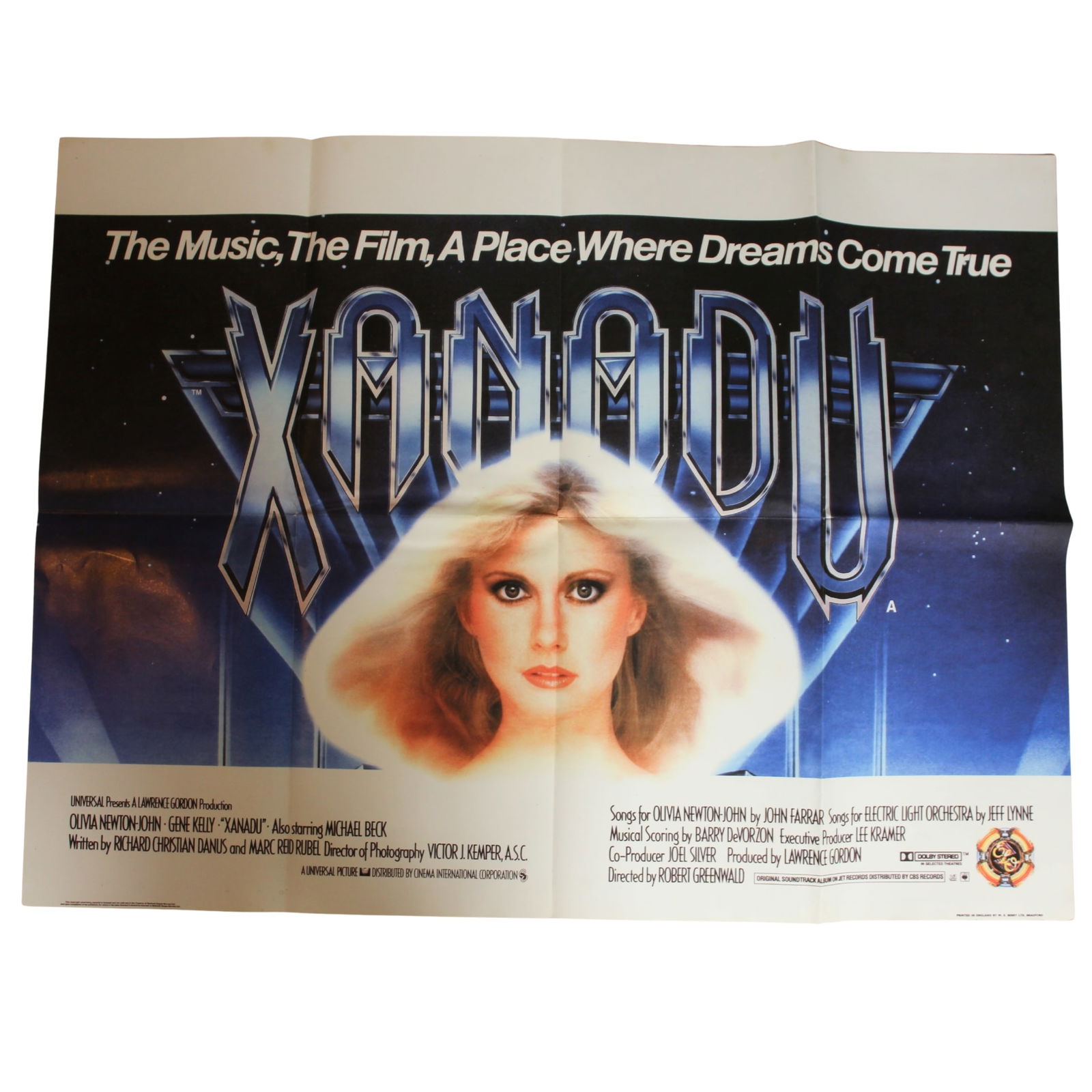 Xanadu (Universal © 1980), about Extremely Fine details: Original GB Quad by W.E. Berry Ltd. Size 76 X 101 cm Condition Quad Folds. Minor Mould, Corners and sides in fine condition. Medium Memorabilia Exhibited Movies, Posters