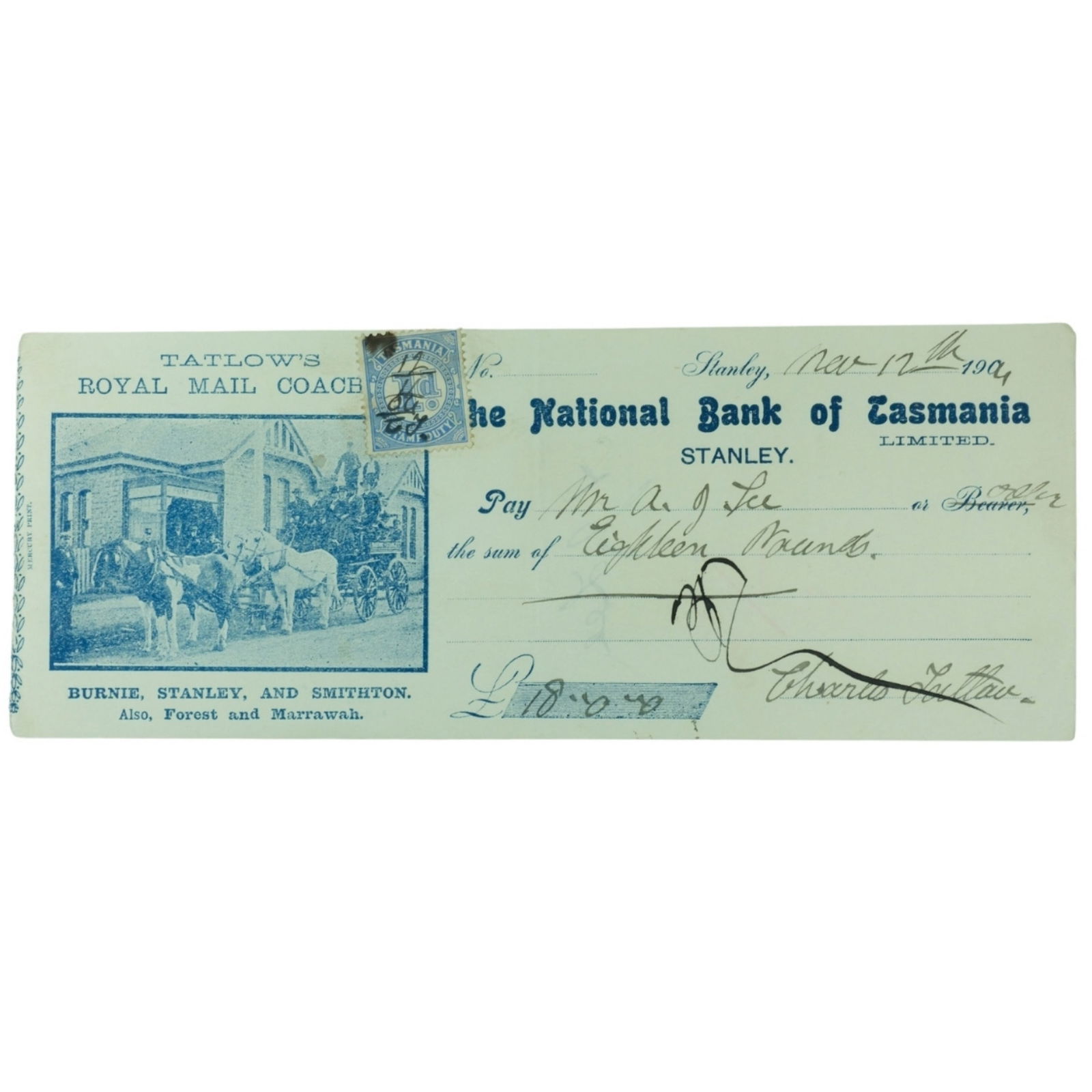 Australia 20th Century 'National Bank of Tasmania Limited' Cheque, Very Fine: Company cheque for Tatlows Royal Mail Coaches 'Stanley' Nov 12th 1904 Medium Coins, Monies & Stamps Exhibited Paper Money, Australia & New Zealand