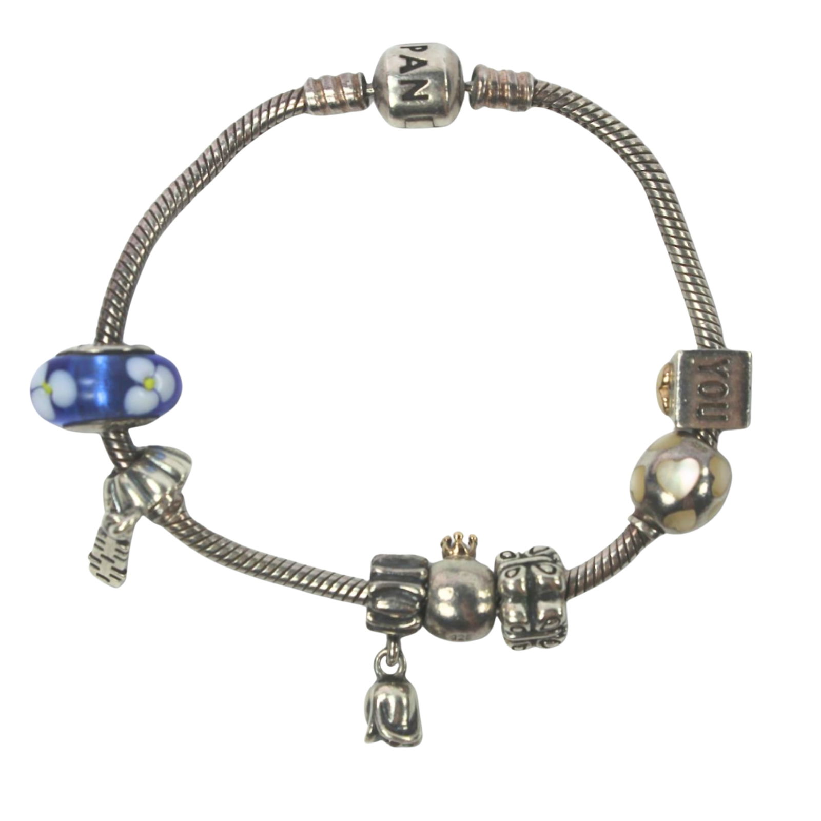 Pandora Charm Bracelet in Sterling (925) Silver: Six Sterling (925) Silver Charms included Size Total weight 34.78gms Medium Bracelets