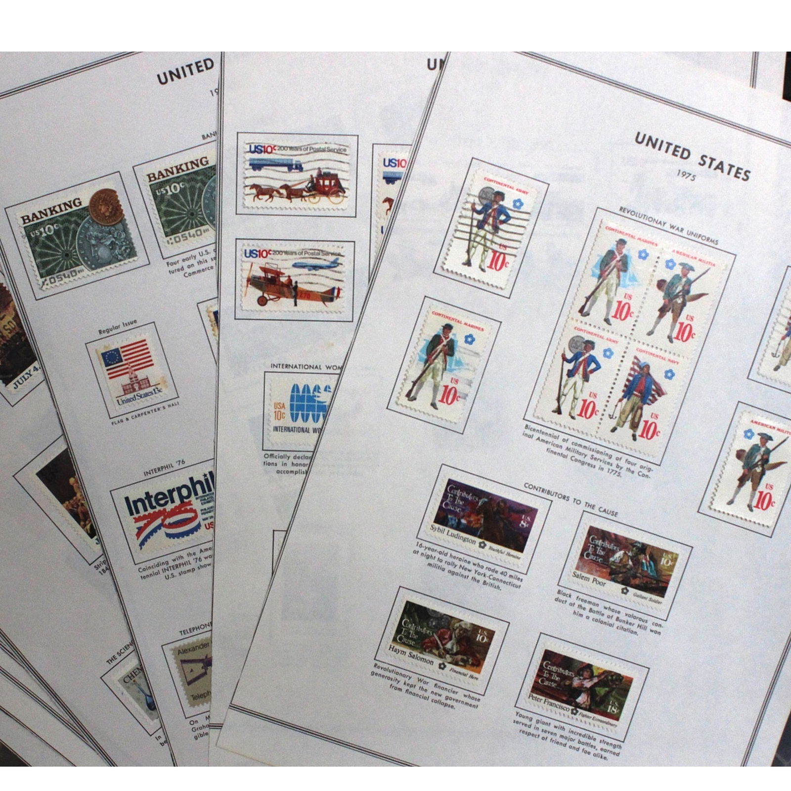 U.S.A. Selection of Stamps issued between 1975 - 1977. (160 stamps): All hinged to album page,mostly Mint but some used condition & a few with rust evident (160 stamps) Medium Coins, Monies & Stamps