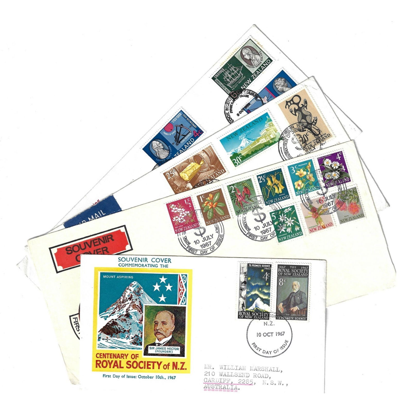 New Zealand. 1967-69 First Day Covers, Used (45 different items): . Medium Coins, Monies & Stamps Exhibited Stamps, World