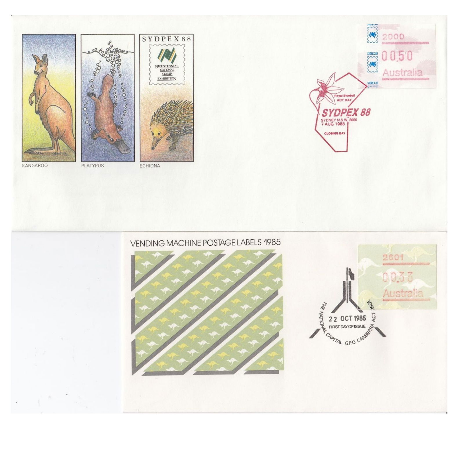 Australia Vending Machine stamps on First Day Covers, as issued (28 items): 3 different designs issued around Australia Medium Coins, Monies & Stamps Exhibited Stamps, World