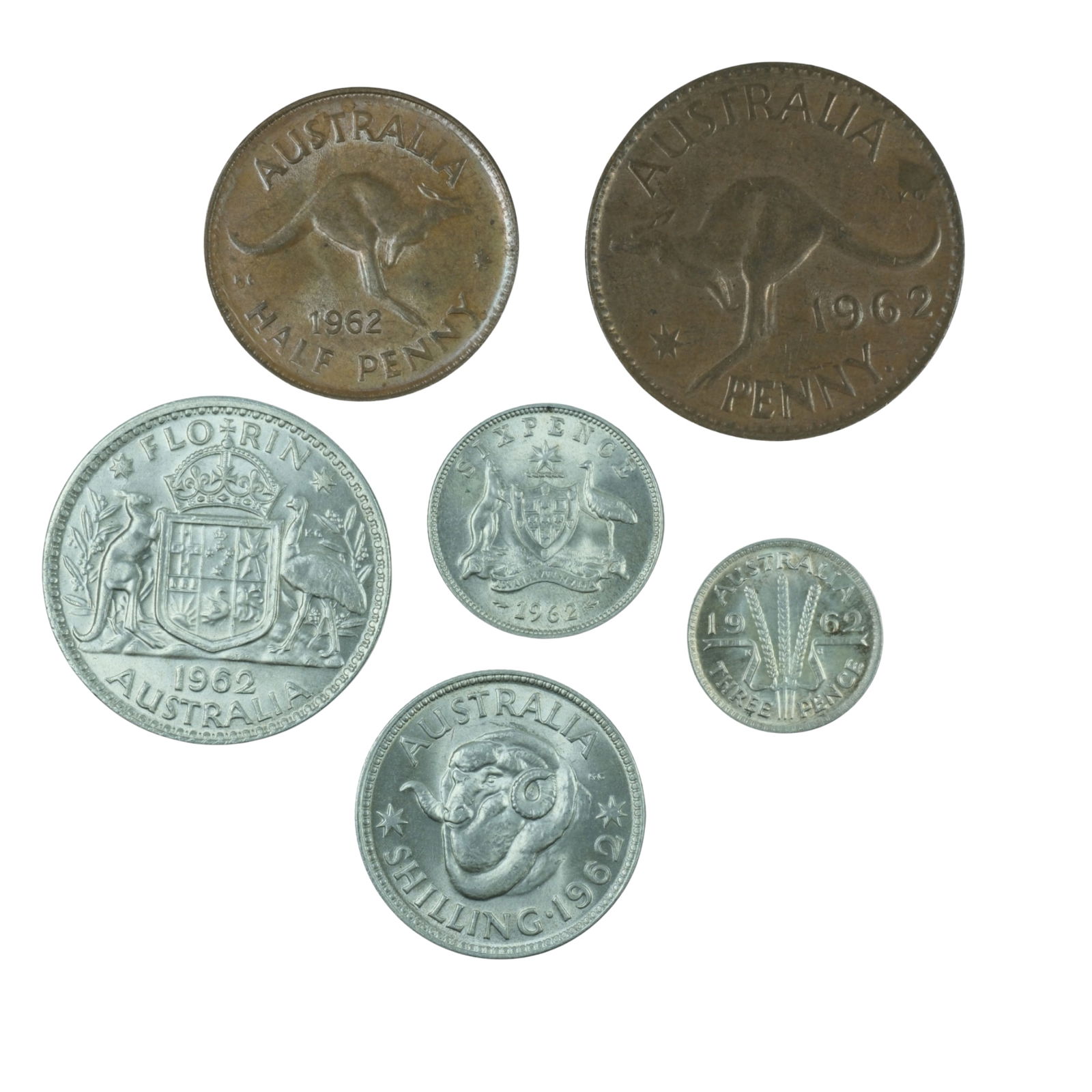 Australia 1962 Copper & Silver (500) Year Set, Choice Uncirculated (6 coins): 1/2d, 1d, 3d, 6d. 1/- & 2/- Size ASW 0.3388 Troy oz Medium Coins, Monies & Stamps Exhibited Coins, Australia & New Zealand
