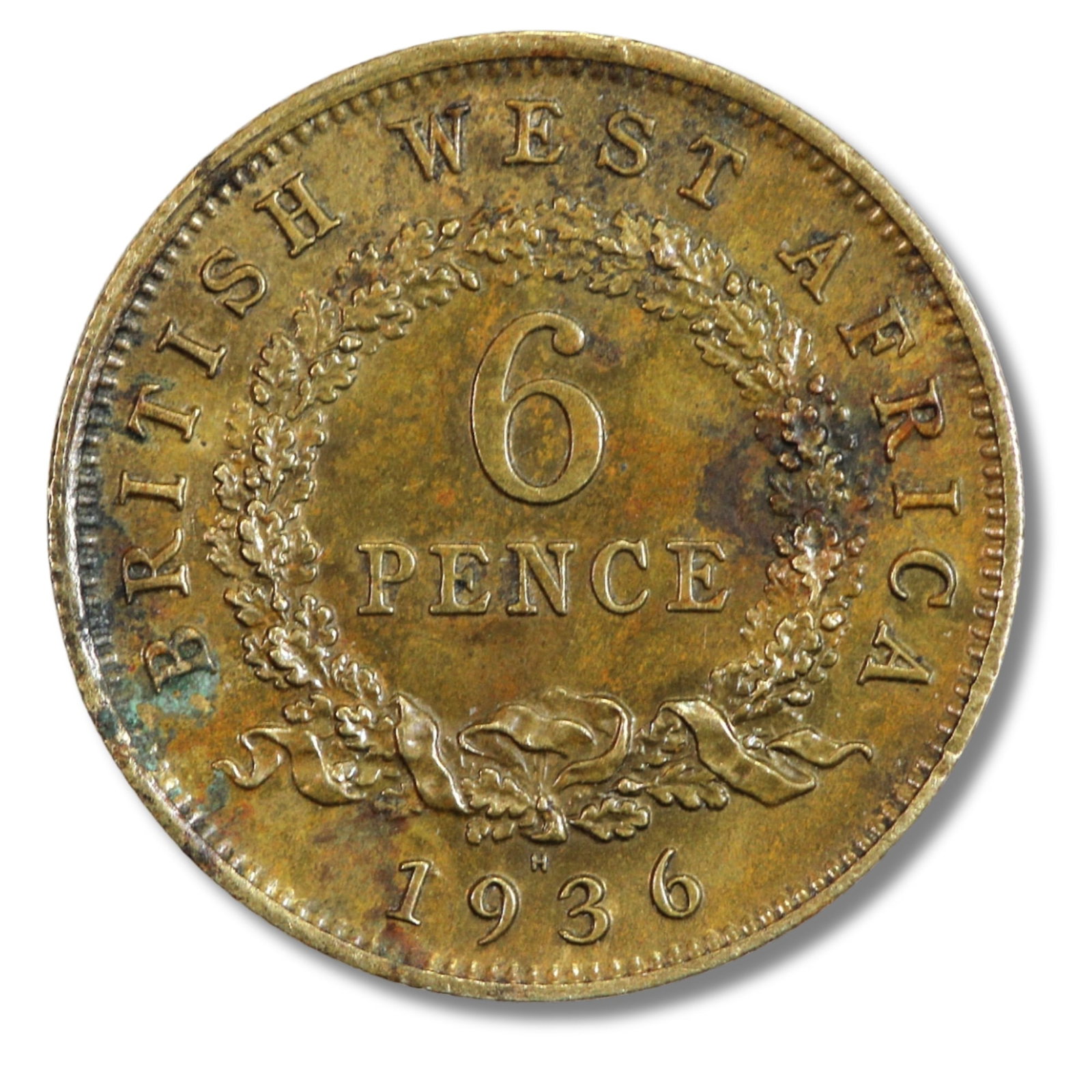 British West Africa 1936 H Sixpence, virtually Uncirculated: Highest graded NGC MS64 & PCGS NoneConditionStaining and some small areas of surface corrosion apparentMediumCoins, Monies & StampsProvenanceEx Mark Freehill Collection