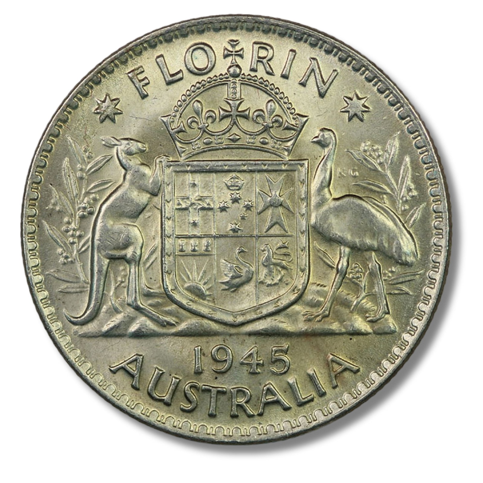 Australia 1945 Florin, Uncirculated: George VISizeASW 0.3363 Troy ozMediumCoins, Monies & StampsExhibitedCoins, Australia & New Zealand