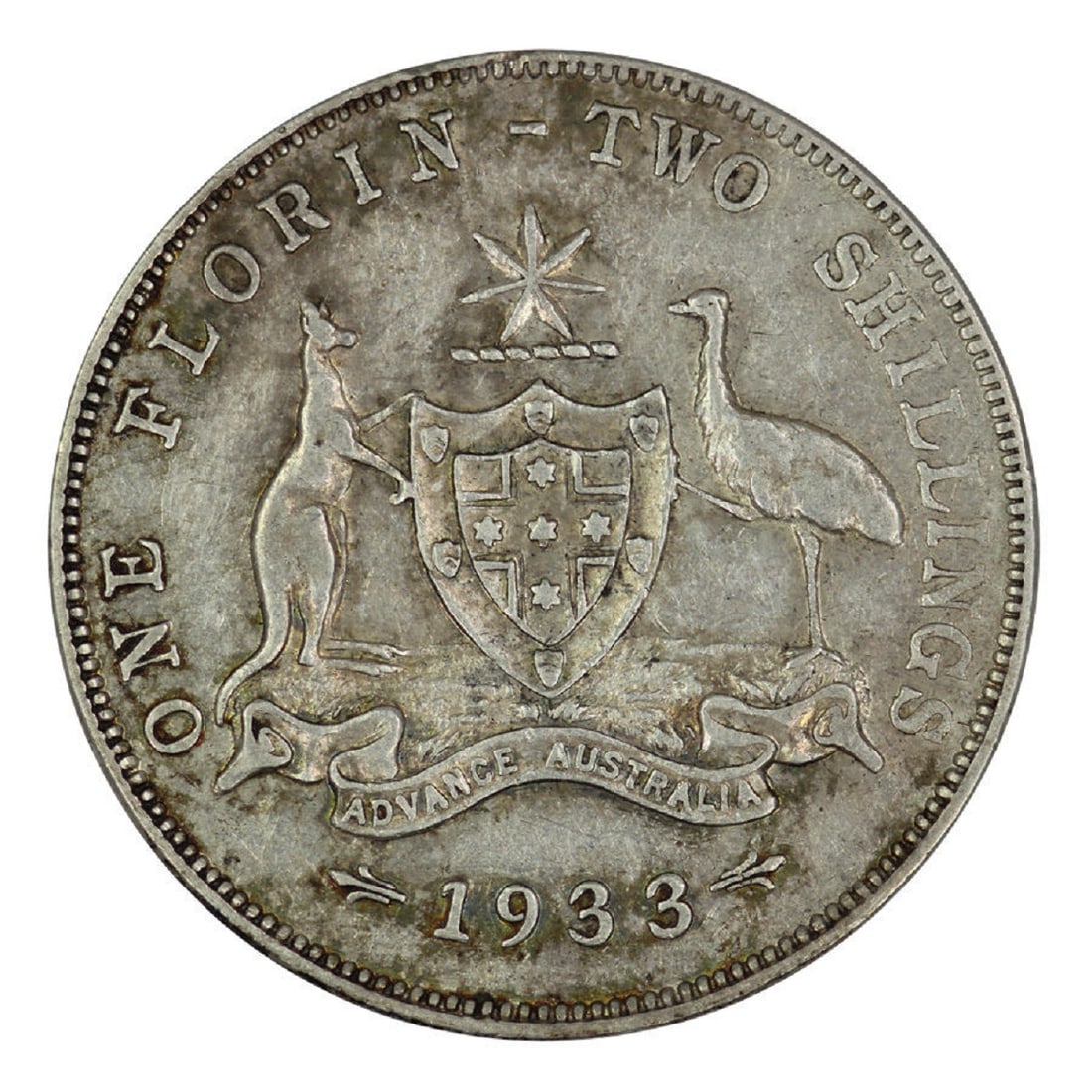 Australia 1933 Florin, near Very Fine: Scarce date in above average conditionSizeASW 0.3363 Troy ozMediumCoins, Monies & Stamps