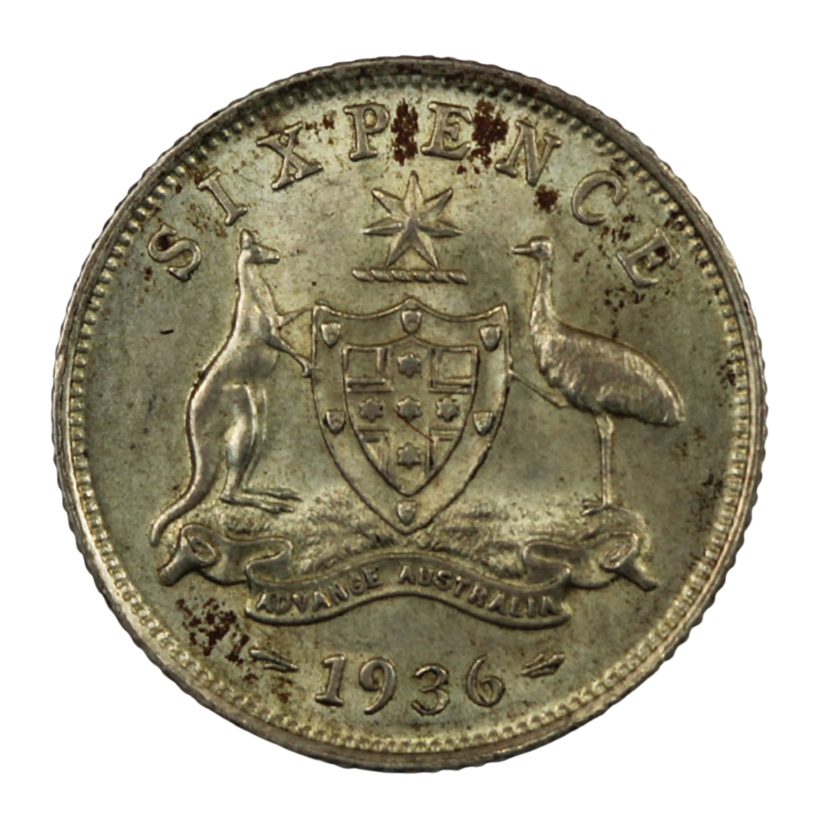 Australia 1936 Sixpence, Uncirculated: George VConditionLightly tonedMediumCoins, Monies & StampsExhibitedCoins, Australia & New Zealand