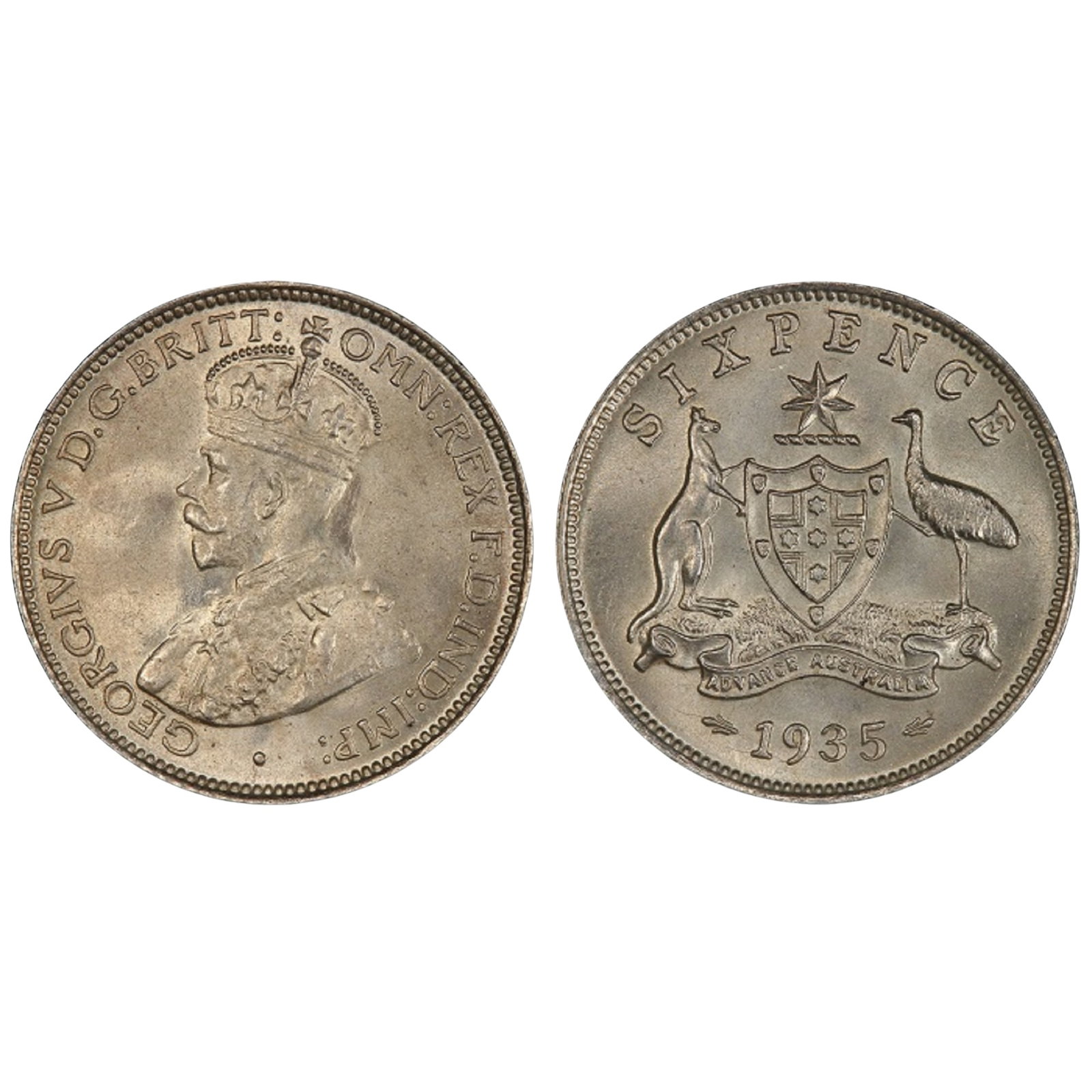 Australia 1935 Sixpence, PCGS MS66 (Pop 4): Higher Grades PCGS MS66+ (1)MediumCoins, Monies & StampsExhibitedCoins, Australia & New Zealand