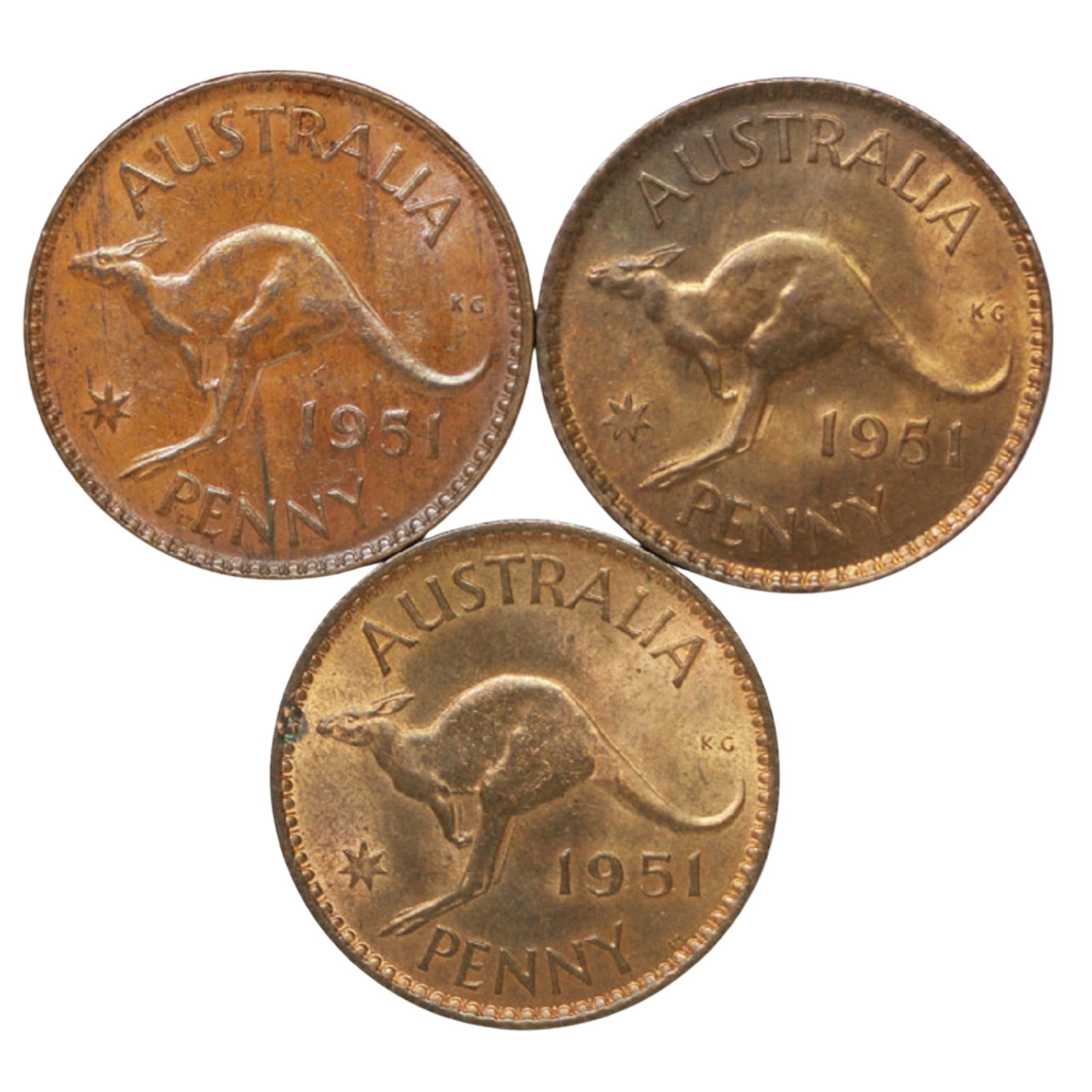 Australia 1951 (M), 1951 Y. (P) & 1951 PL (L) Pennies, Choice Uncirculated (3 coins) (1 of 2)