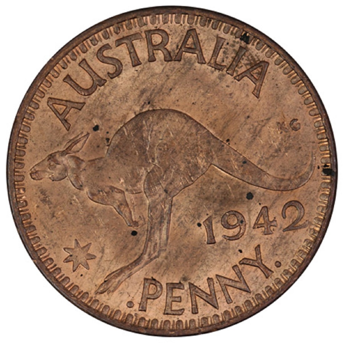 Australia 1942 I (B) Penny, Choice Uncirculated with virtually Full Mint Red (1 of 2)