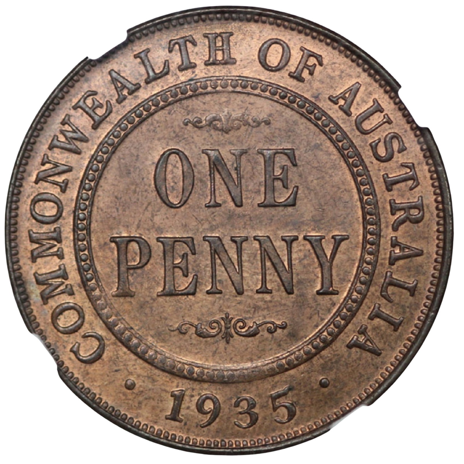 Australia 1935 Penny, NGC MS64 RB: Obv 1 - Rev BmMediumCoins, Monies & Stamps