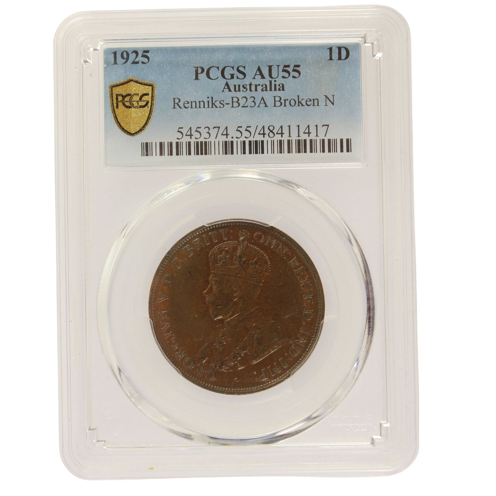 Australia 1925 'Broken N' Penny, PCGS AU55: Harshly graded. Looks a better coin than the two Mint State coins graded in front of it in the PCGS Photo Gallery.MediumCoins, Monies & StampsExhibitedCoins, Australia & New Zealand