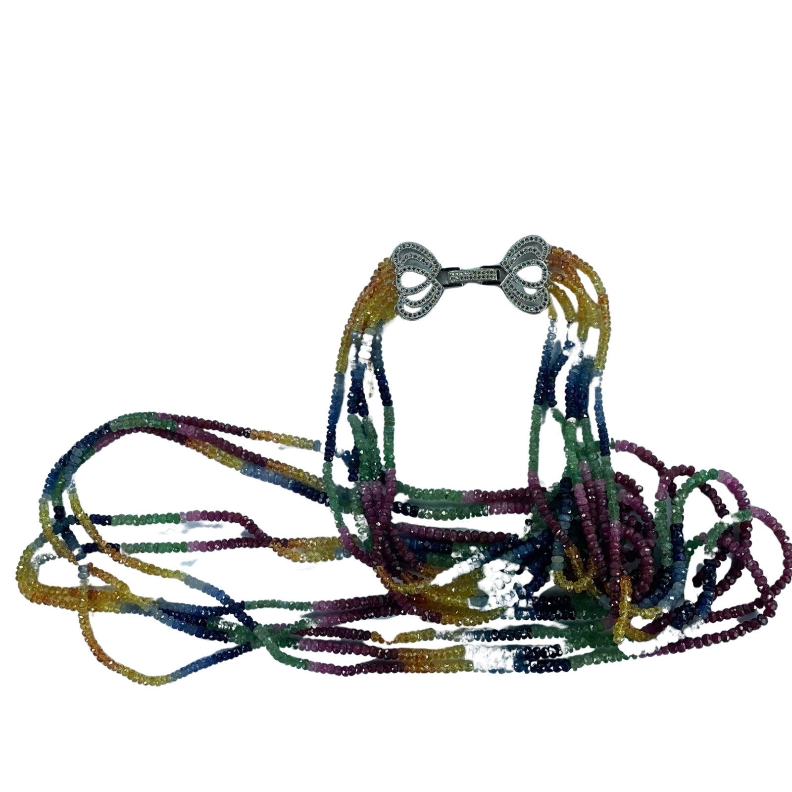 Natural 5 Strand Multi-coloured Sapphire Necklace with CZ Clasp: .SizeTotal Weight 102 grams : Length 88cmMediumNecklaces & Pendants