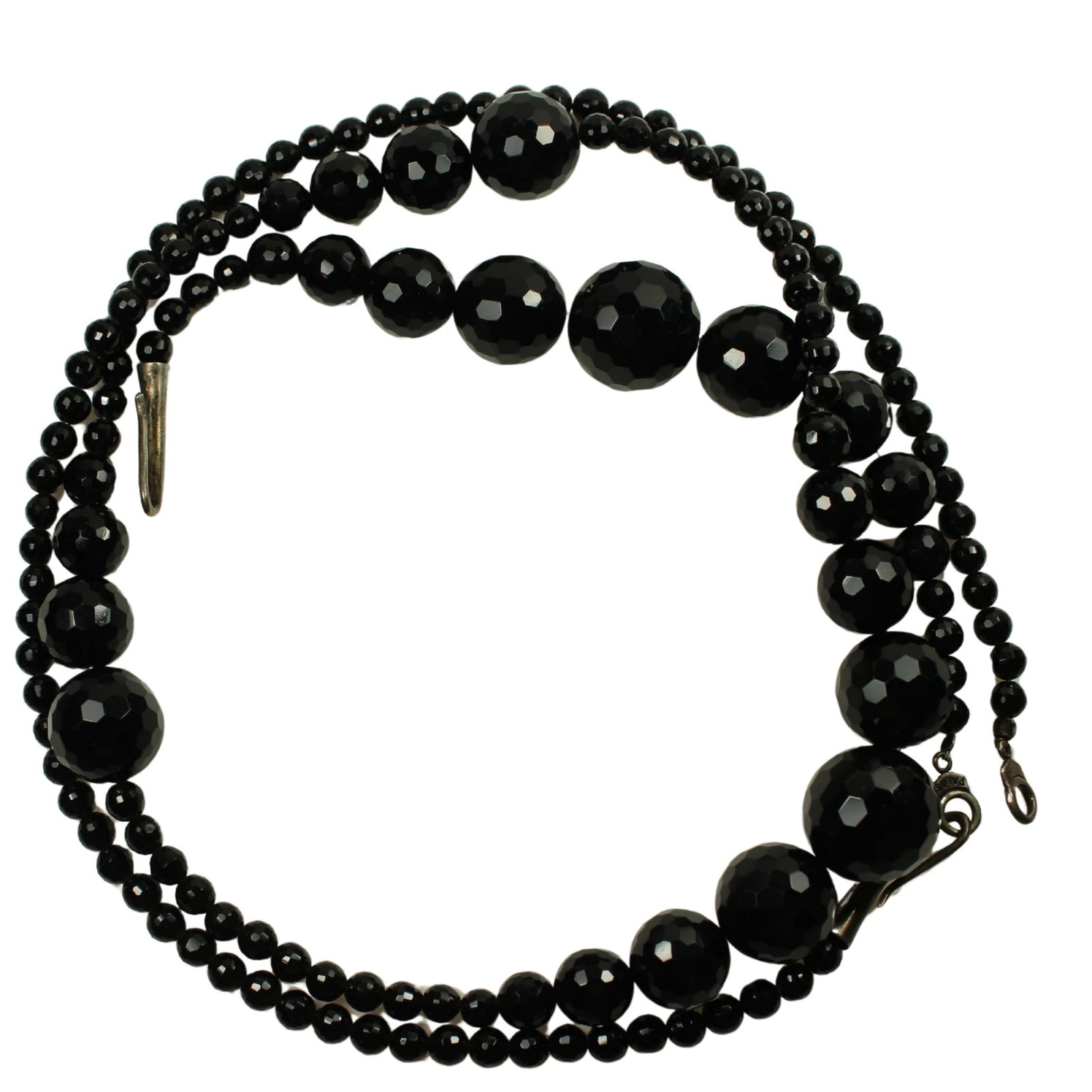 Extra-long French Jet Necklace with graduated Beads: Re-strung with Modern European Silver (800) ClaspSizeOpen length 1.1 metreMediumNecklaces & Pendants