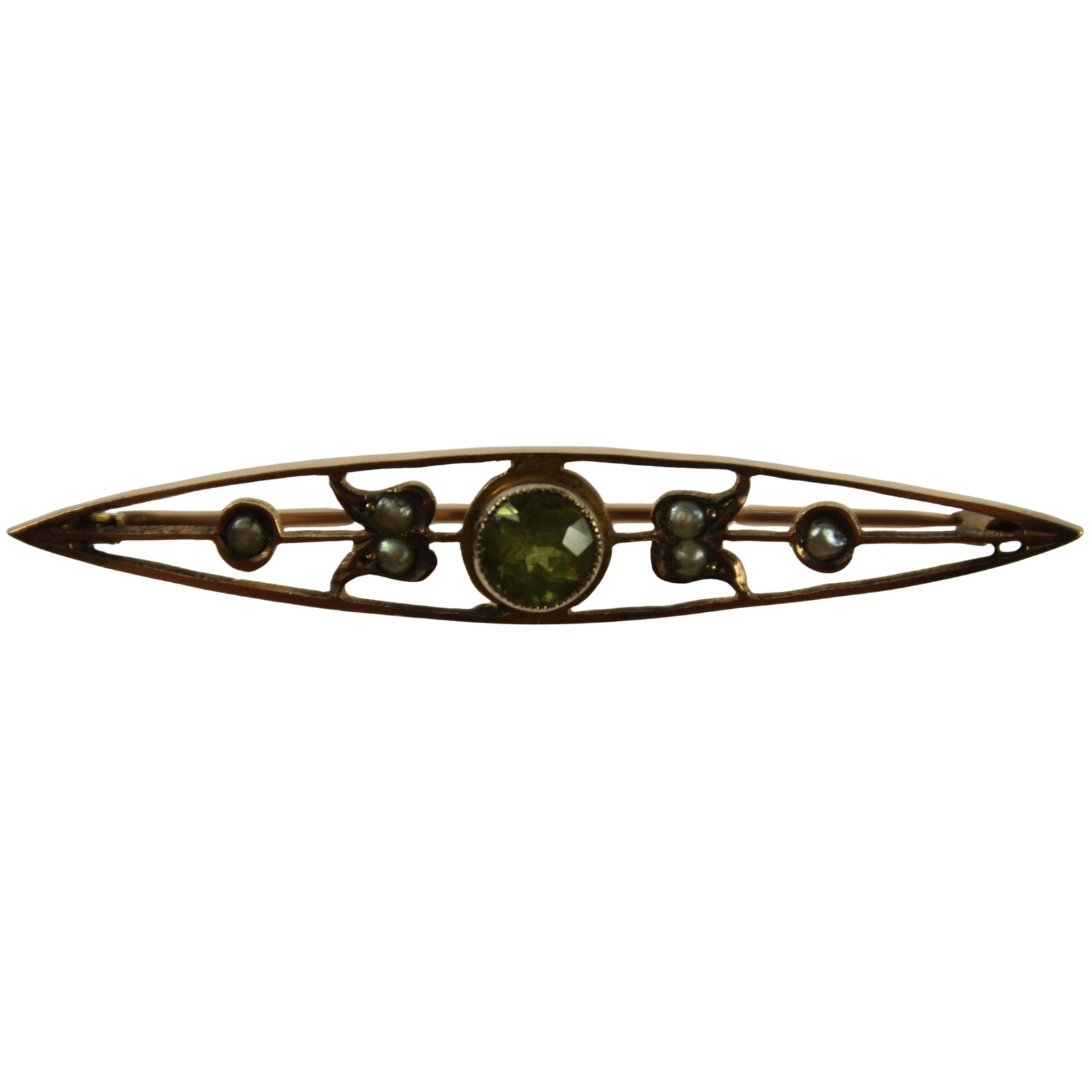 Edwardian Bar Brooch in 9ct Yellow Gold with a central Peridot & Seed Pearls (1 of 3)