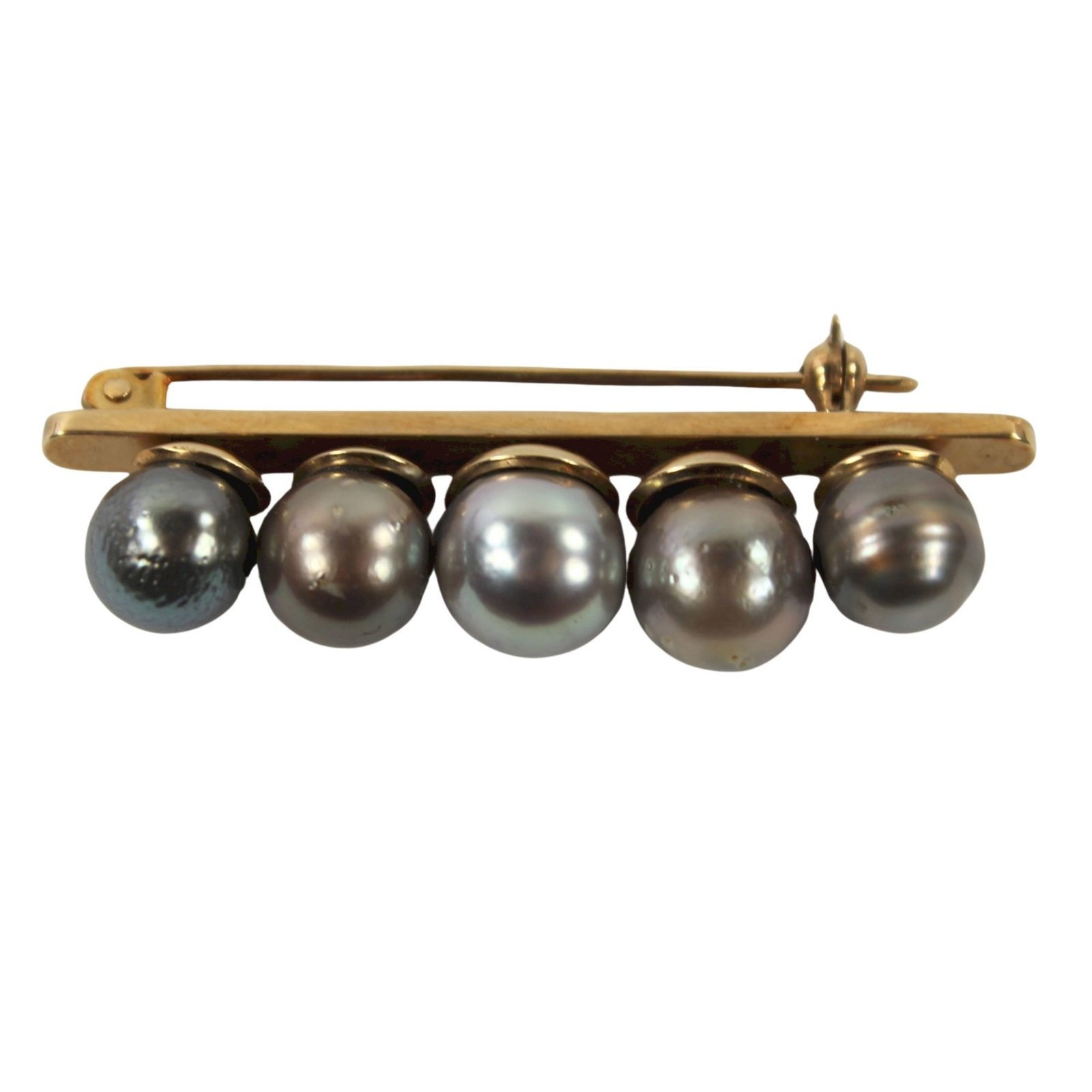Pearl Bar Brooch in 10ct Yellow Gold: Various shades of Black PearlsSizeTotal weight 12gmsMediumPins & Brooches