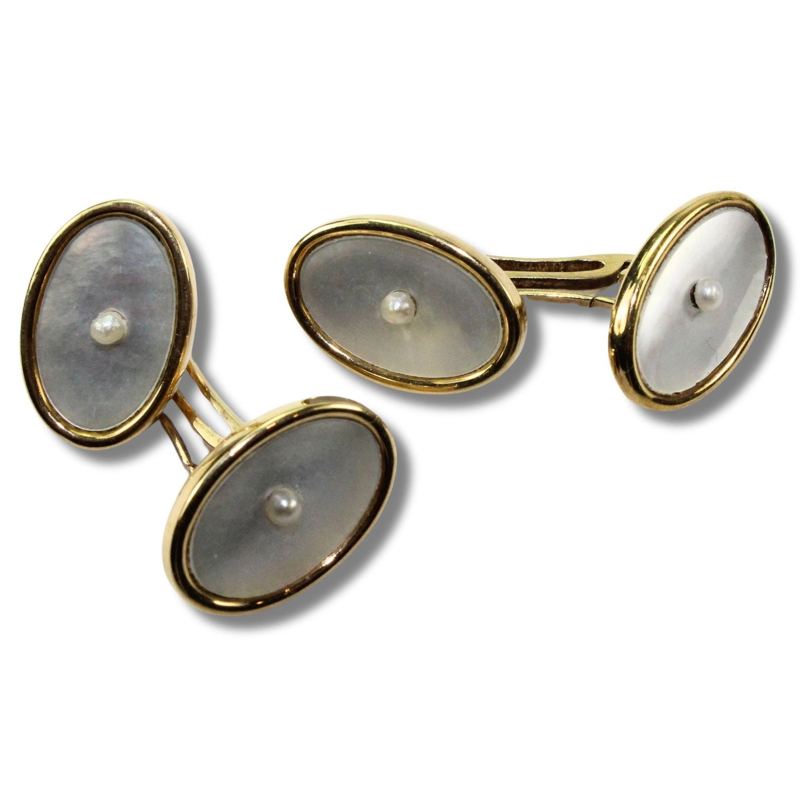 Vintage 14ct Yellow Gold Cufflinks with Mother of Pearl inserts (Pair): Chain-linkedSizeCombined weight 6.20gmsMediumMen's JewelryExhibitedCufflinks