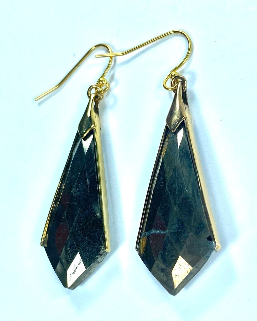 Chequerboard-faceted Pyrite Drop Earrings in 9ct Yellow Gold (Pair) - 2