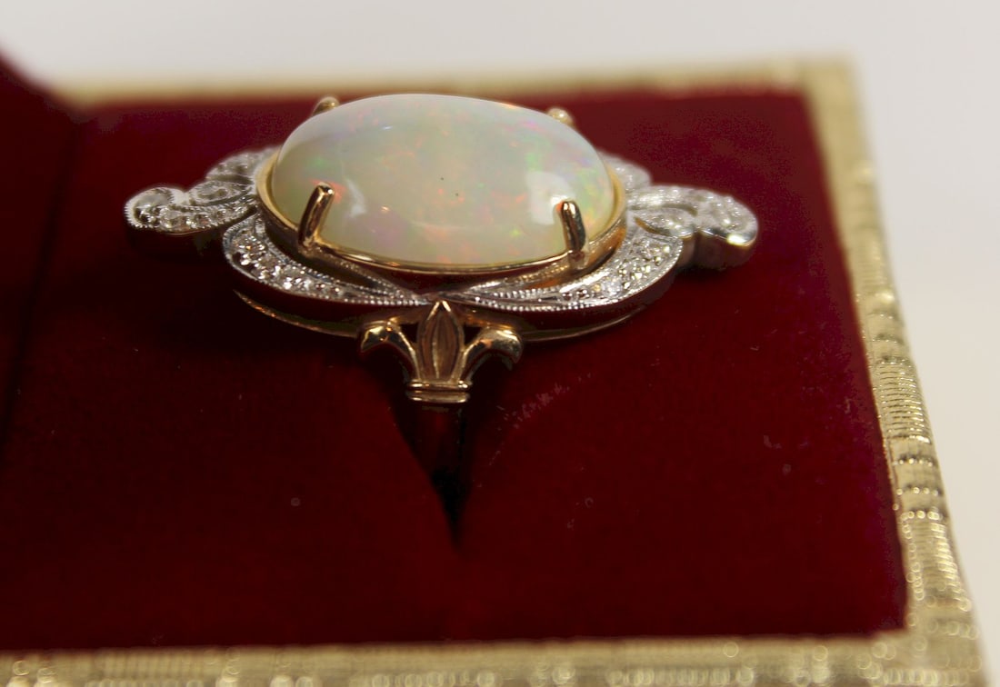 Large Solid White Opal and Diamond Ring in 9ct Yellow Gold - 2