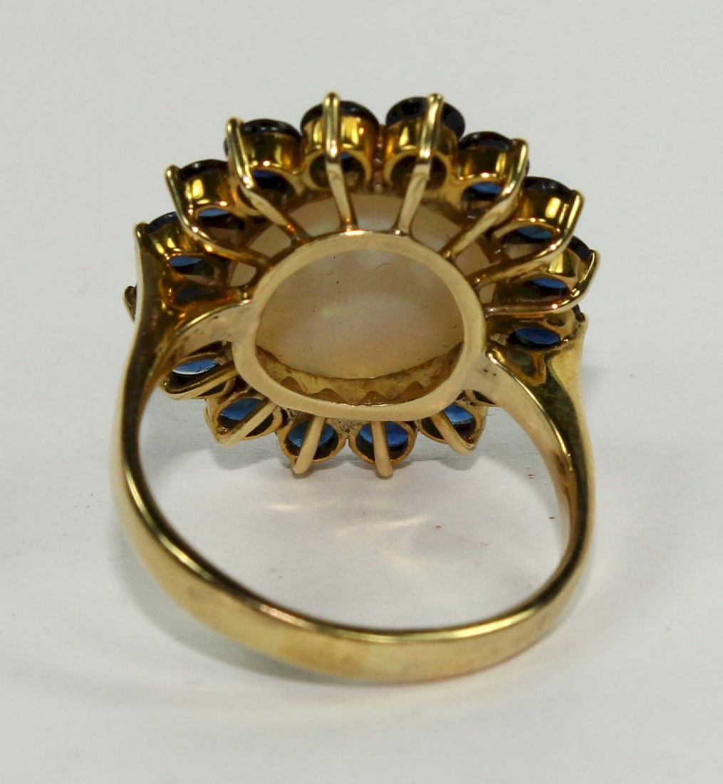 Cabochon Semi-Black Solid Opal & Blue Sapphire Ring in 14ct Yellow Gold - 2