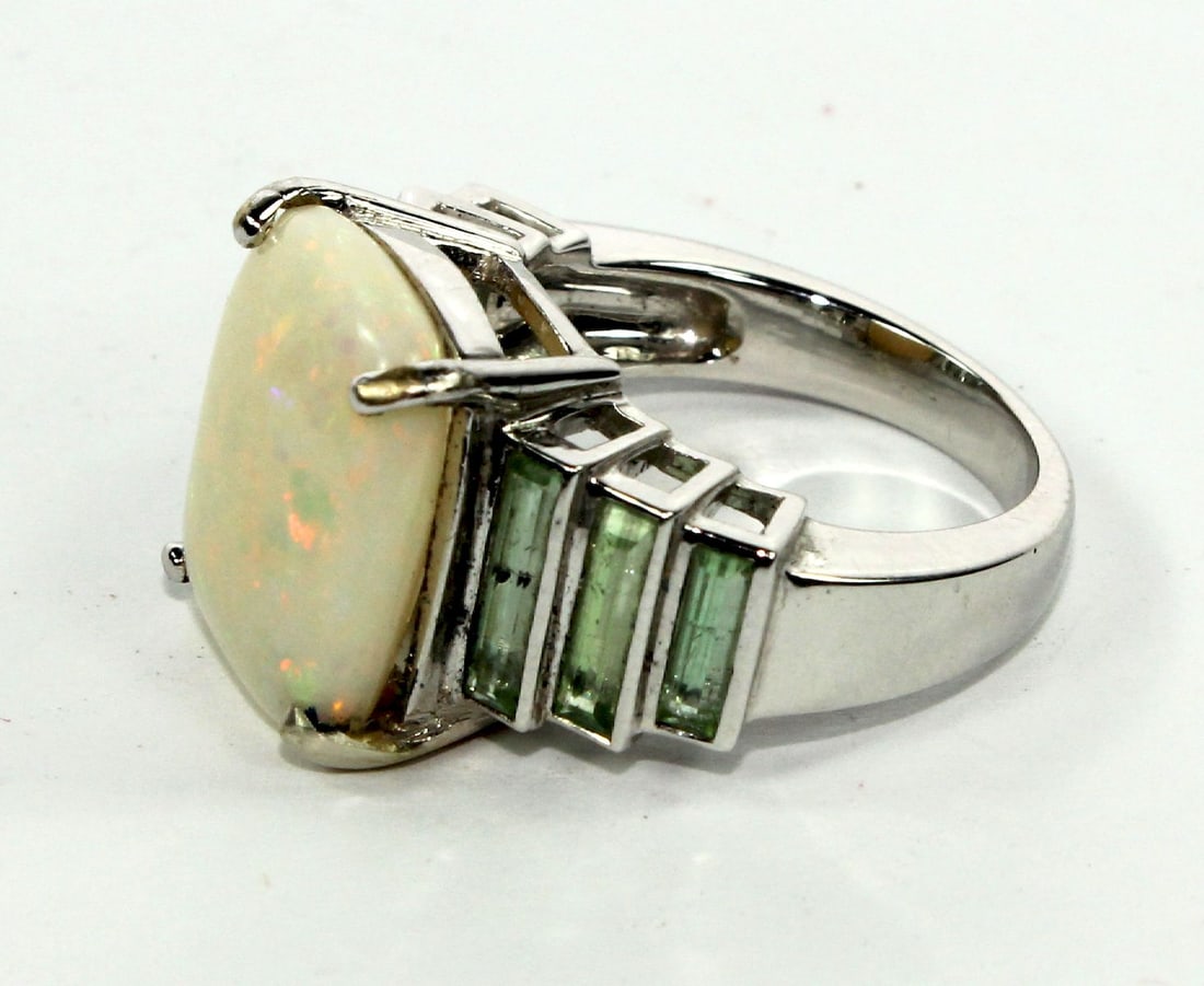 Art Deco-style White Opal & Green Tourmaline Ring in 18ct White Gold - 2