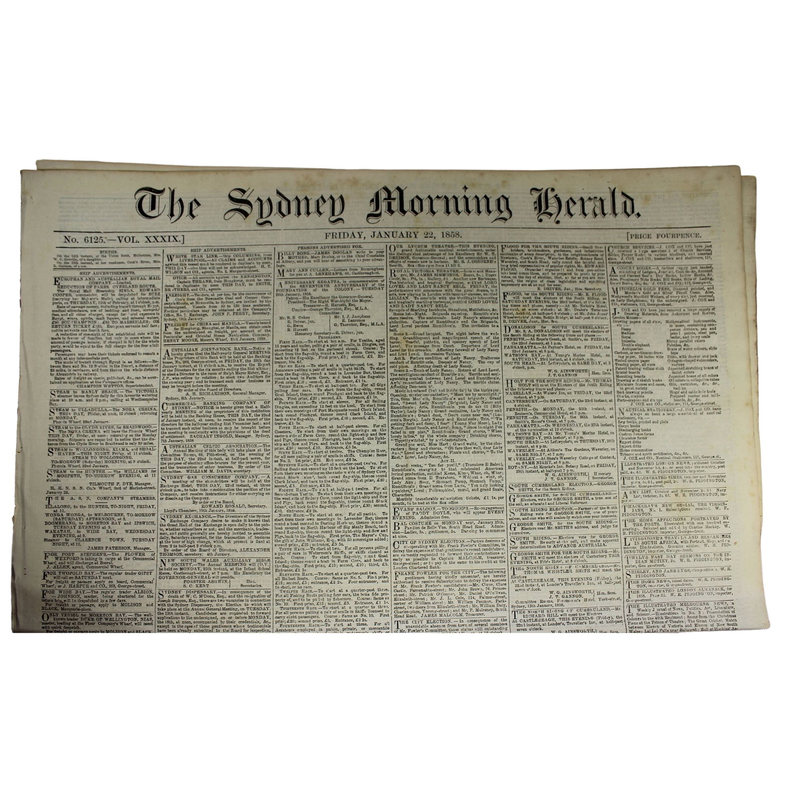 New South Wales (Australia) 'The Sydney Morning Herald' Friday, January 22nd, 1858 (1 of 2)