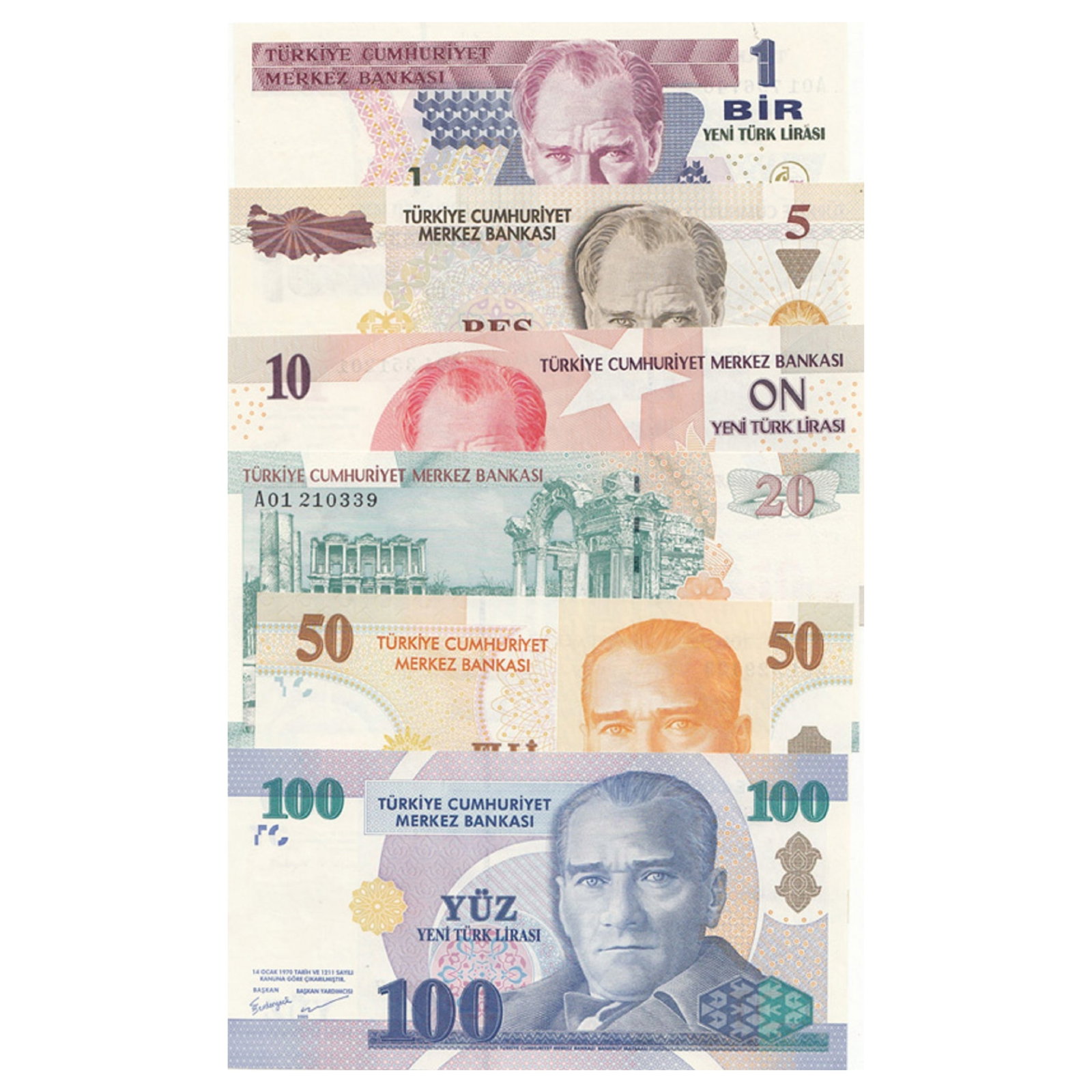 Turkey. (2005) 1, 5, 10, 20, 50 & 100 First Prefix 'New Lira', Uncirculated OPQ (Set of 6) (1 of 4)