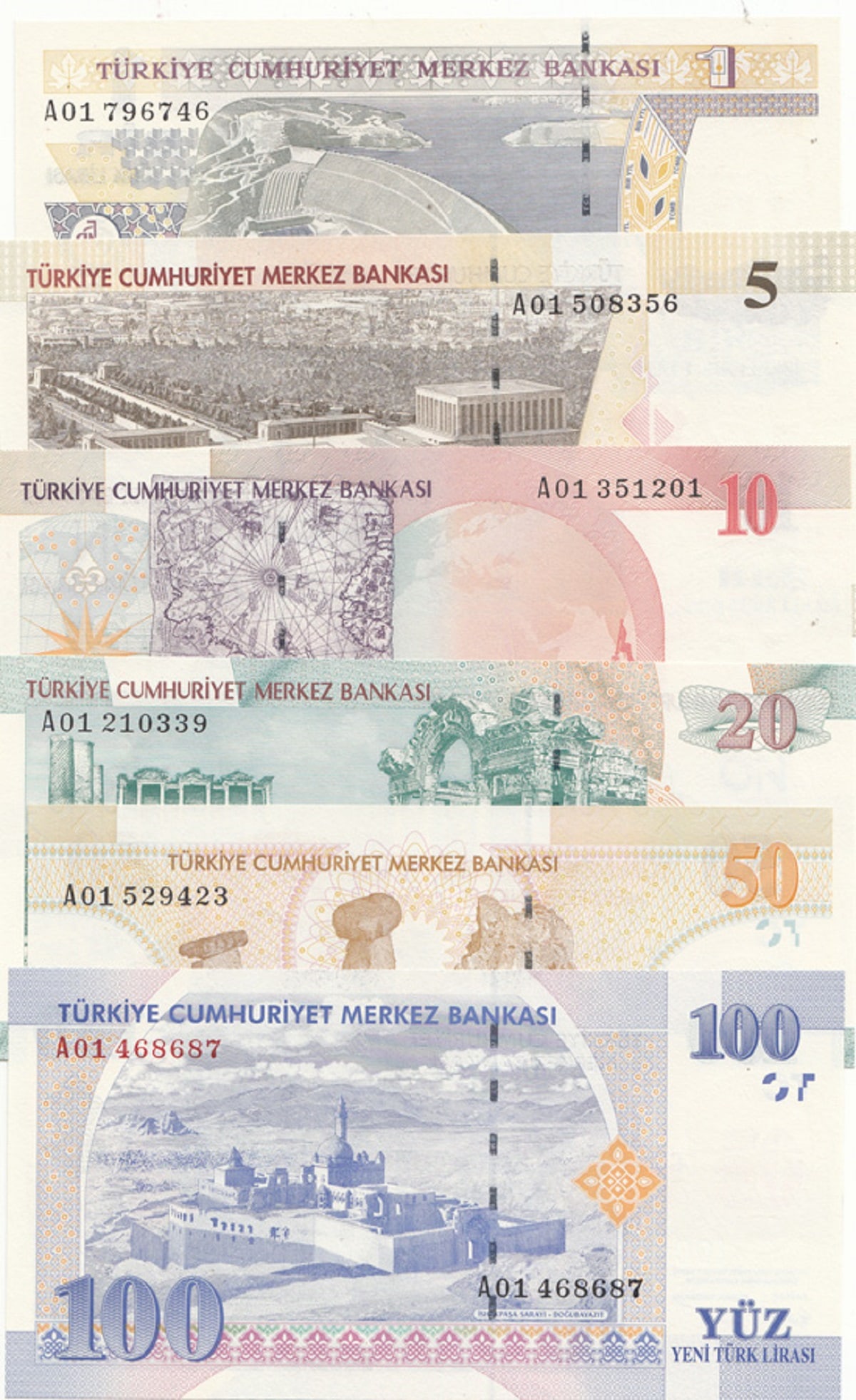 Turkey. (2005) 1, 5, 10, 20, 50 & 100 First Prefix 'New Lira', Uncirculated OPQ (Set of 6) - 2