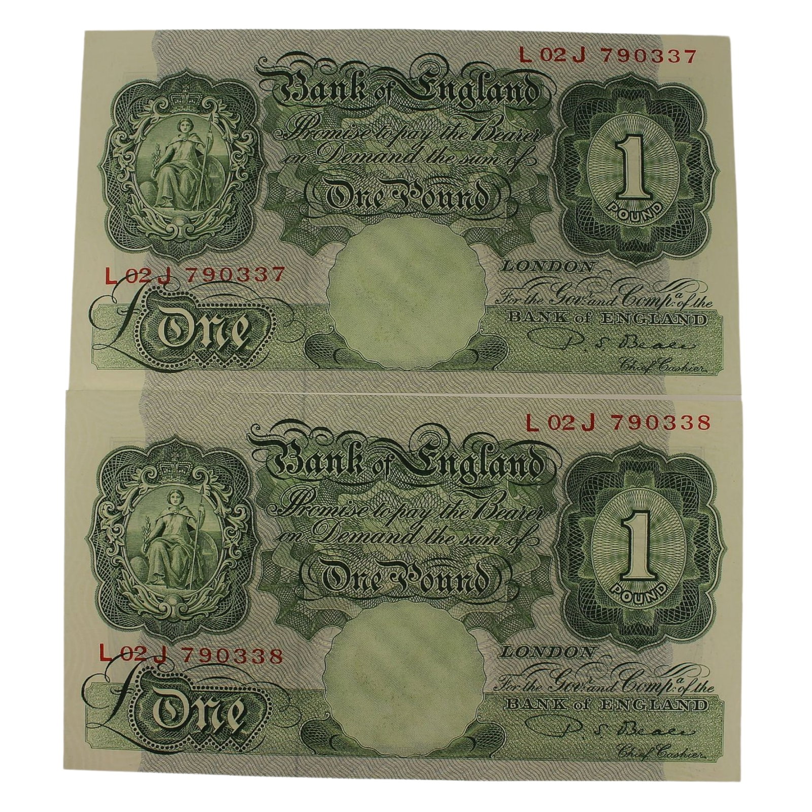 Great Britain 'Beale' £1 (1949-55), virtually Uncirculated OPQ (Consecutive Pair): Pick# 369b : Serial# L 02 J 790337-8 Condition O(riginal) P(aper) Q(uality) Medium Coins, Monies & Stamps
