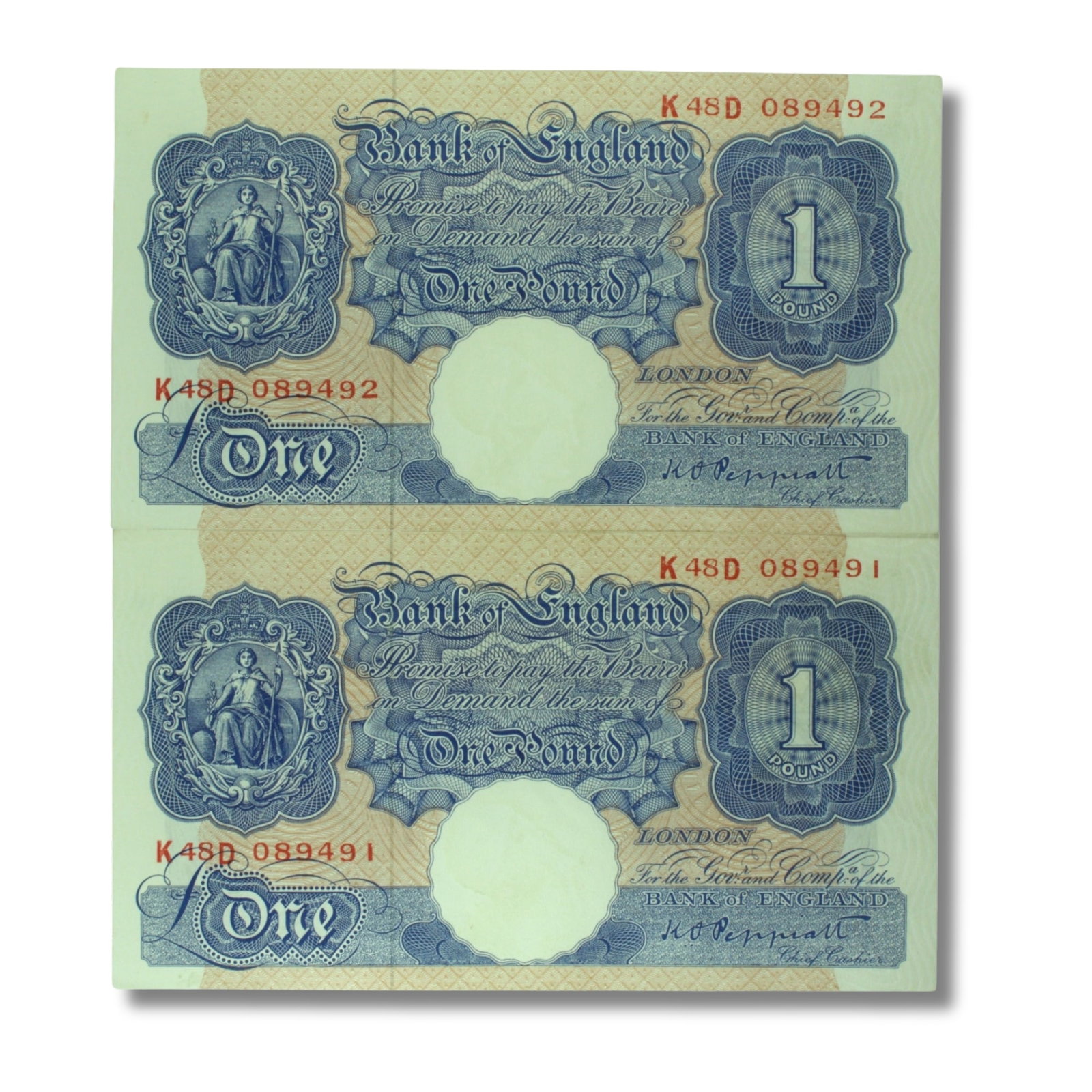 Great Britain 'Peppiatt' £1 (1940-48), about Uncirculated or better OPQ (Consecutive pair): P# 367 : Serial# JK48D 089491-2 Condition O(riginal) P(aper) Q(uality) Medium Coins, Monies & Stamps