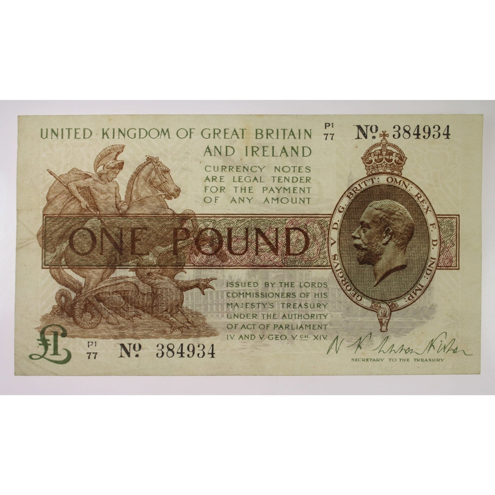 Great Britain 'Fisher' £1 (1922-3), Crisp Very Fine: Pick# 359a : Serial # PI/77 384934MediumCoins, Monies & StampsExhibitedPaper Money, UK