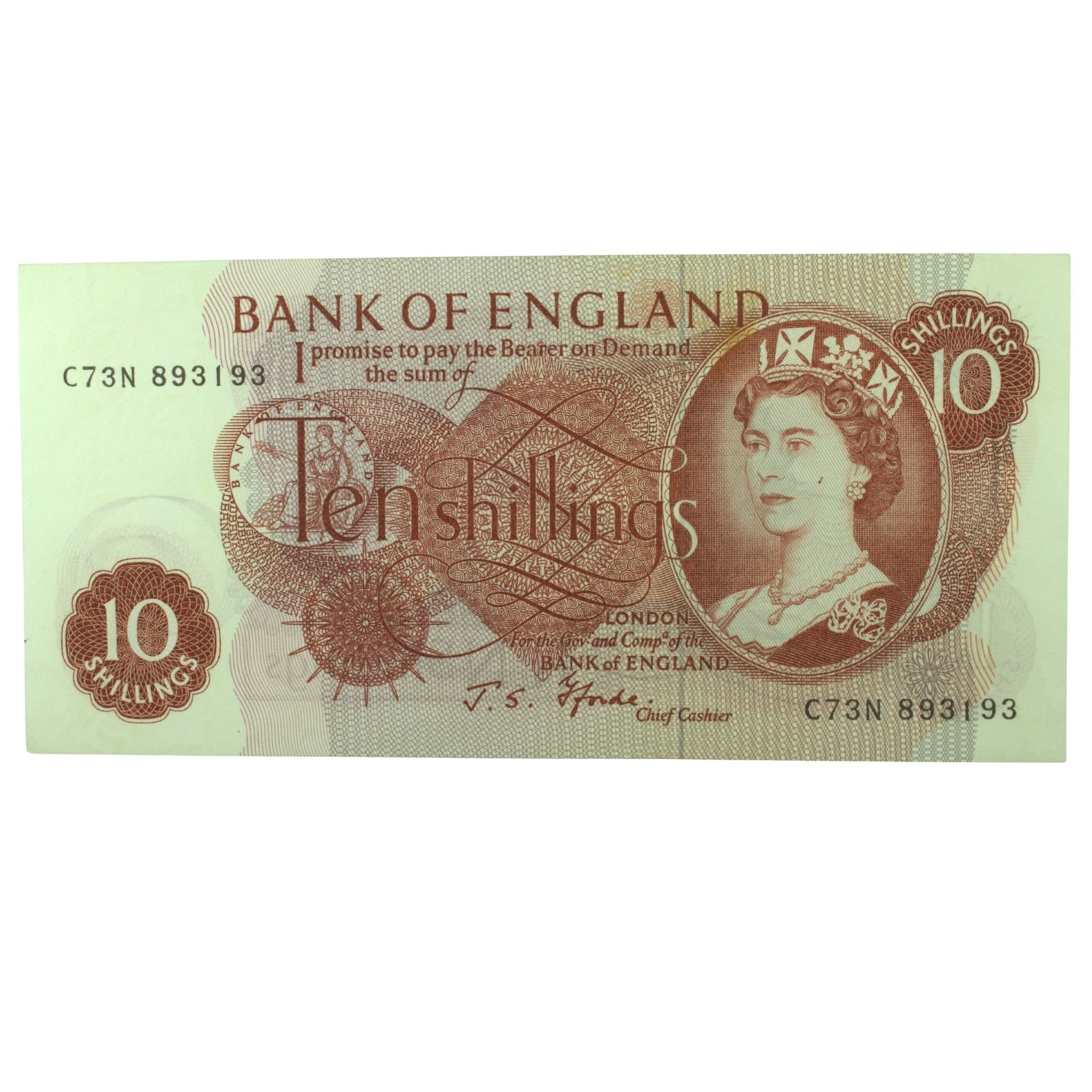 Great Britain 'Forde' 10/- (1966-70), virtually Uncirculated OPQ: P# 373c : Serial# C73N 893193 Condition O(riginal) P(aper) Q(uality) Medium Coins, Monies & Stamps