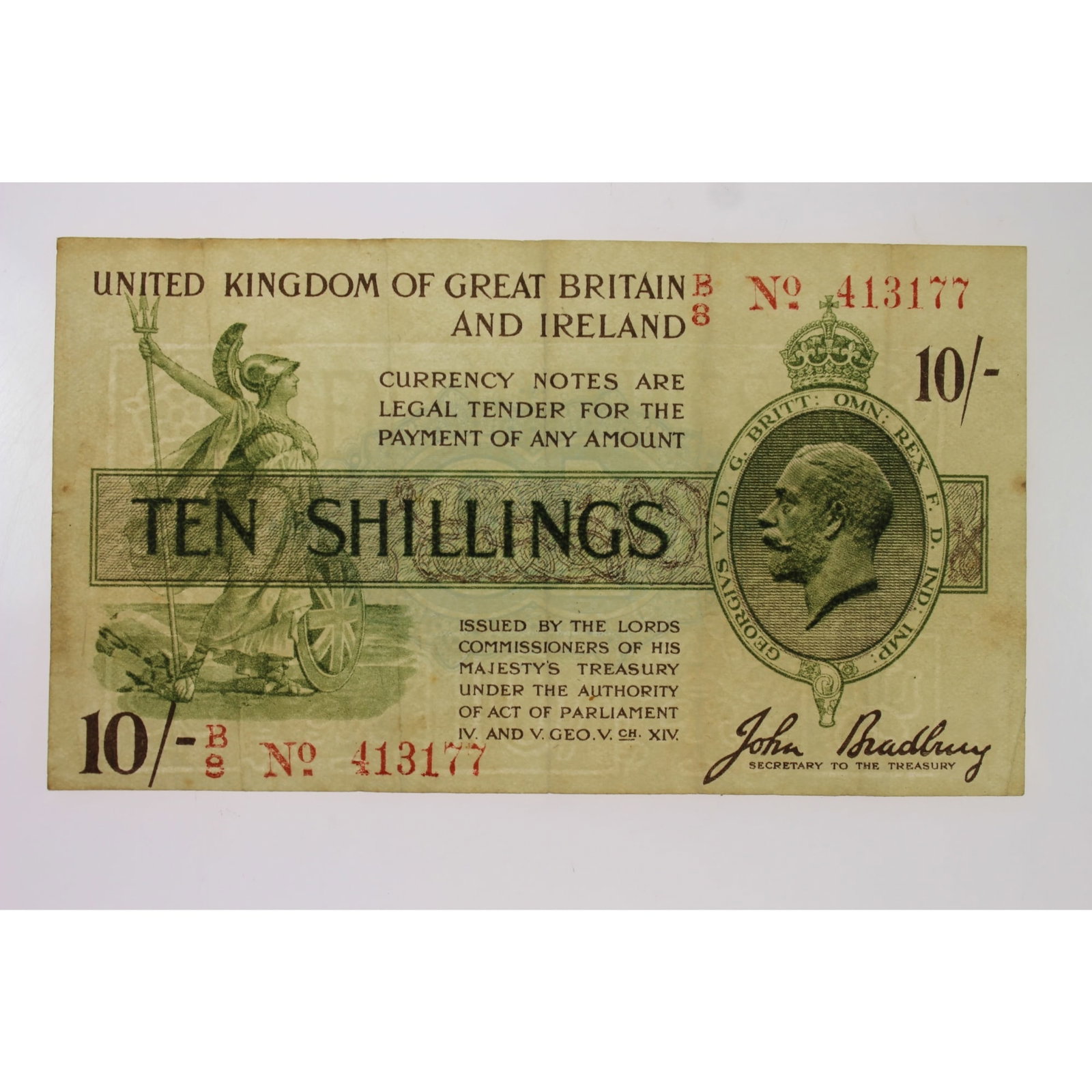 Great Britain 'Bradbury' Red Serial 10/- (Dec 1918), about Very Fine: Pick# 350b : Serial# B/8 413177MediumCoins, Monies & StampsExhibitedPaper Money, UK